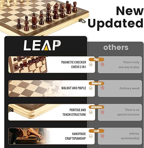 Miniatura 2 de LEAP Juego de ajedrez magnético de madera de 15 pulgadas, tablero de ajedrez plegable de 3 pulgadas, juego de ajedrez de viaje, juego de tablero de
