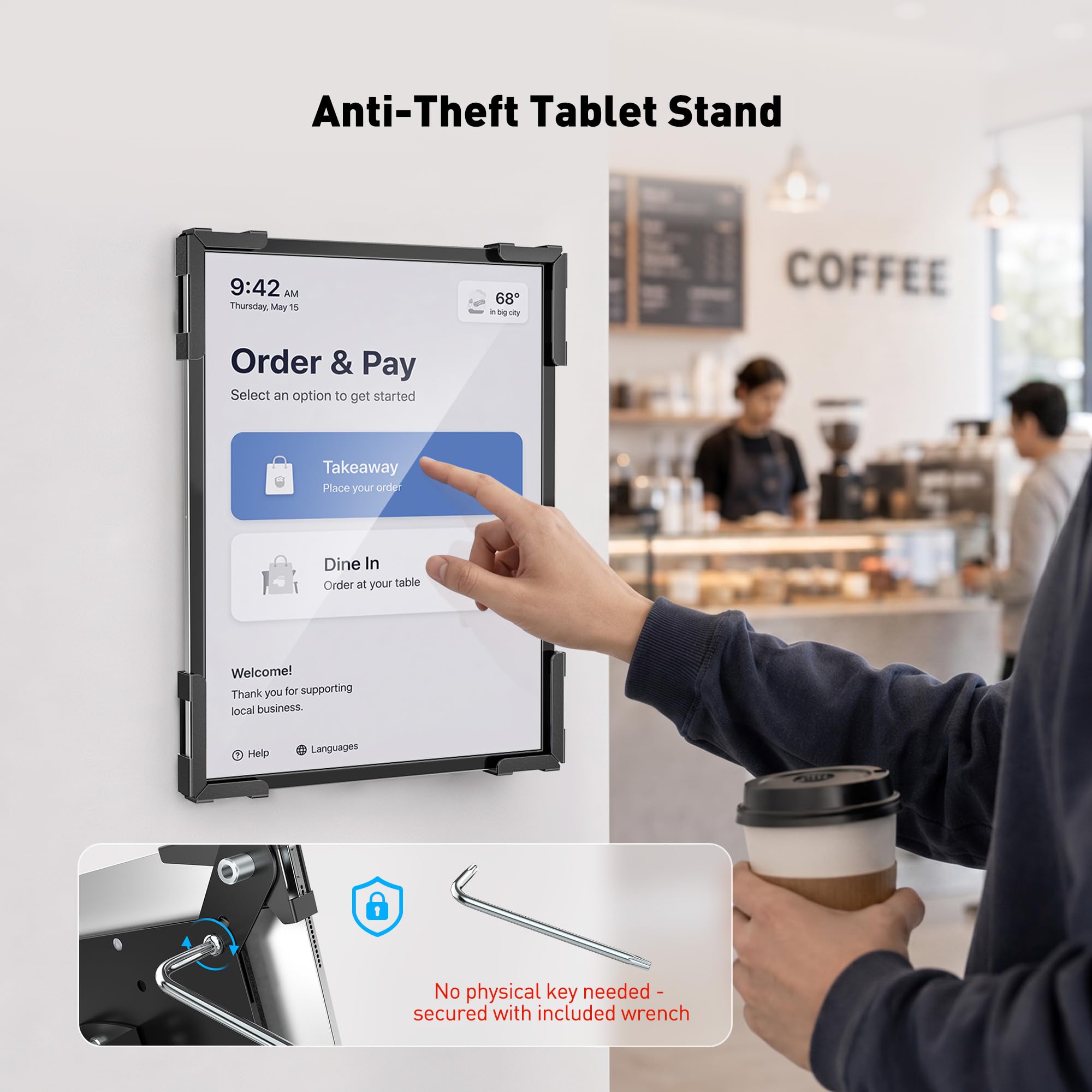 AboveTEK Uchwyt ścienny do tabletu z ochroną przed kradzieżą, zamykany uchwyt stalowy obracany o 360°, odpowiedni do tabletów 9,7-13", do odbioru, sali konferencyjnej, kasy/POS i handlu detalicznego