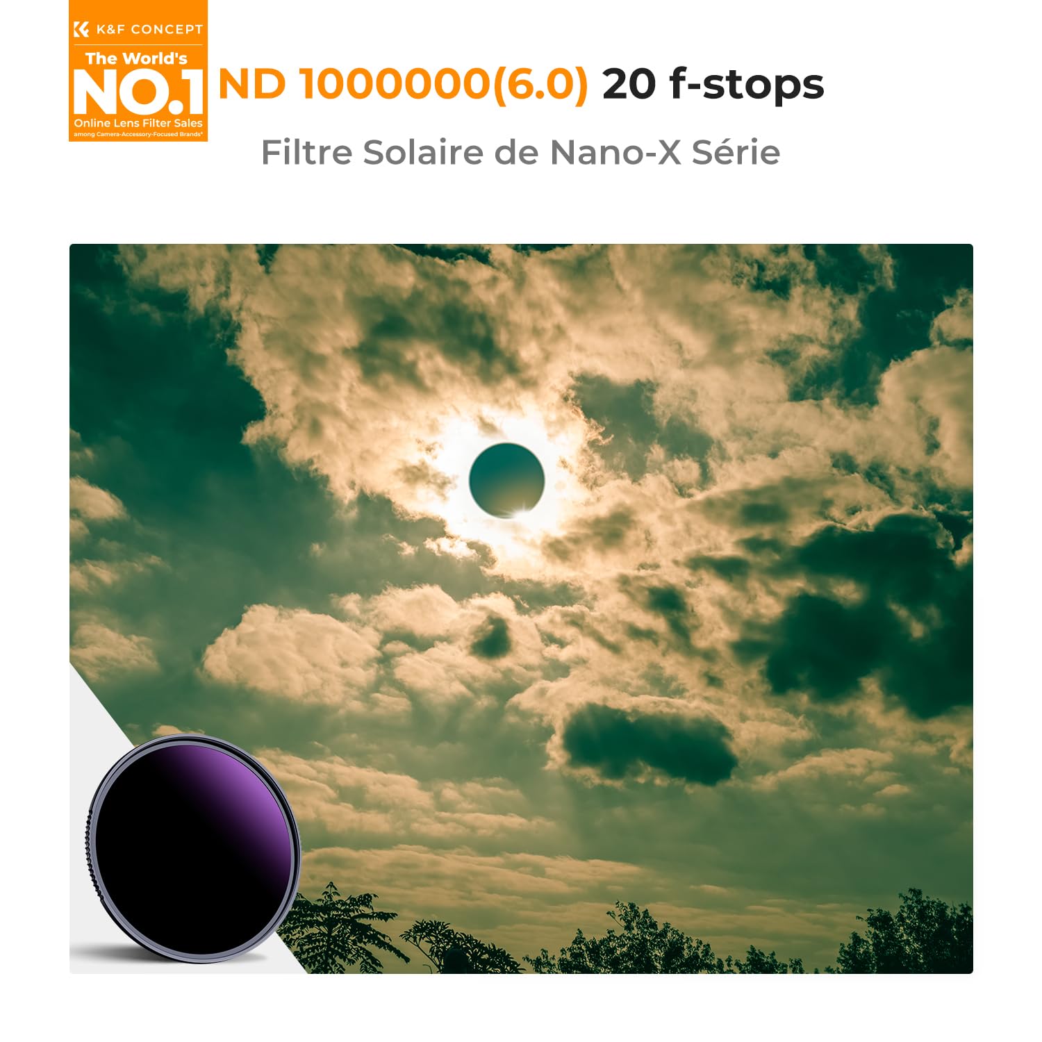 K&F Concept Filtre ND1000000 77mm 20 f-Stops 6.0 Filtre Densité Neutre HD Nano-revêtements Étanche Anti des Rayures pour Prendre des Photos d'éclipse annulaire de Soleil Solaire