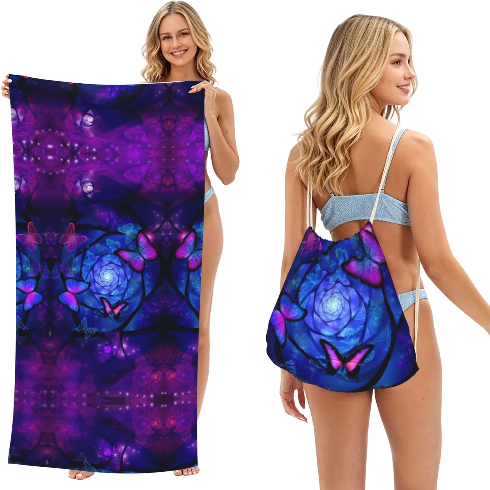 SATUSA Butterfly Print 2-In-1 Foldable Beach Towel Backpack – Camping, Yoga And Travel,Bath Towel With Built-In Storage, Convertible Beach Mat & Carry Bag