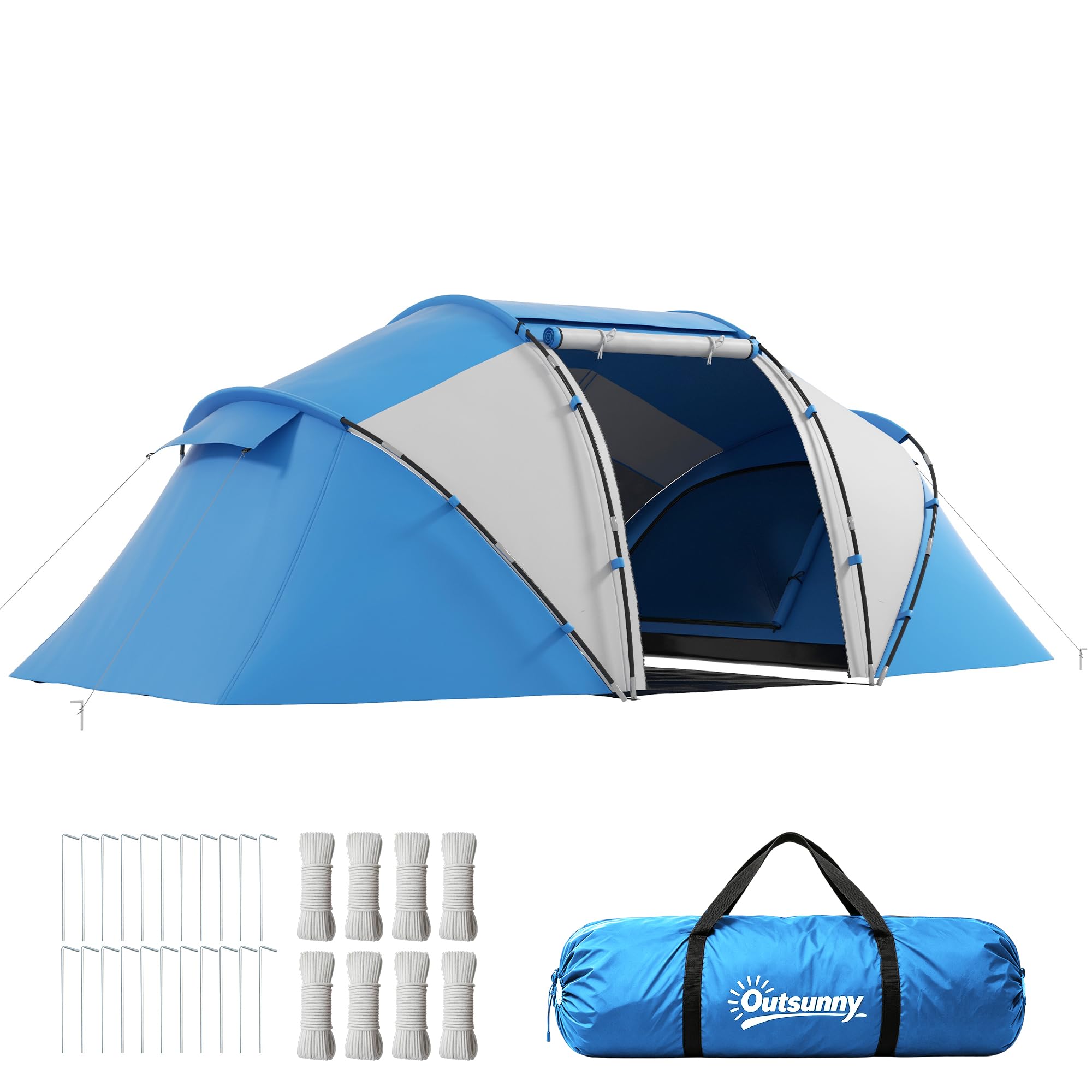 Outsunny Campingzelt für 4 Personen Groß Familienzelt mit Eingang Blau | Bodenplane, Zelt mit 2000mm Wassersäule, Tunnelzelt, Kuppelzelt, für Camping Reise Trekking Garten