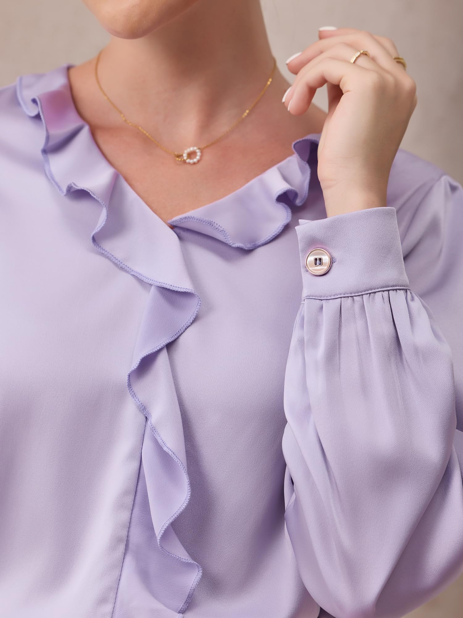 Hobemty Mujer Blusa Casual de Satén con Escote en V con Volante Manga Larga