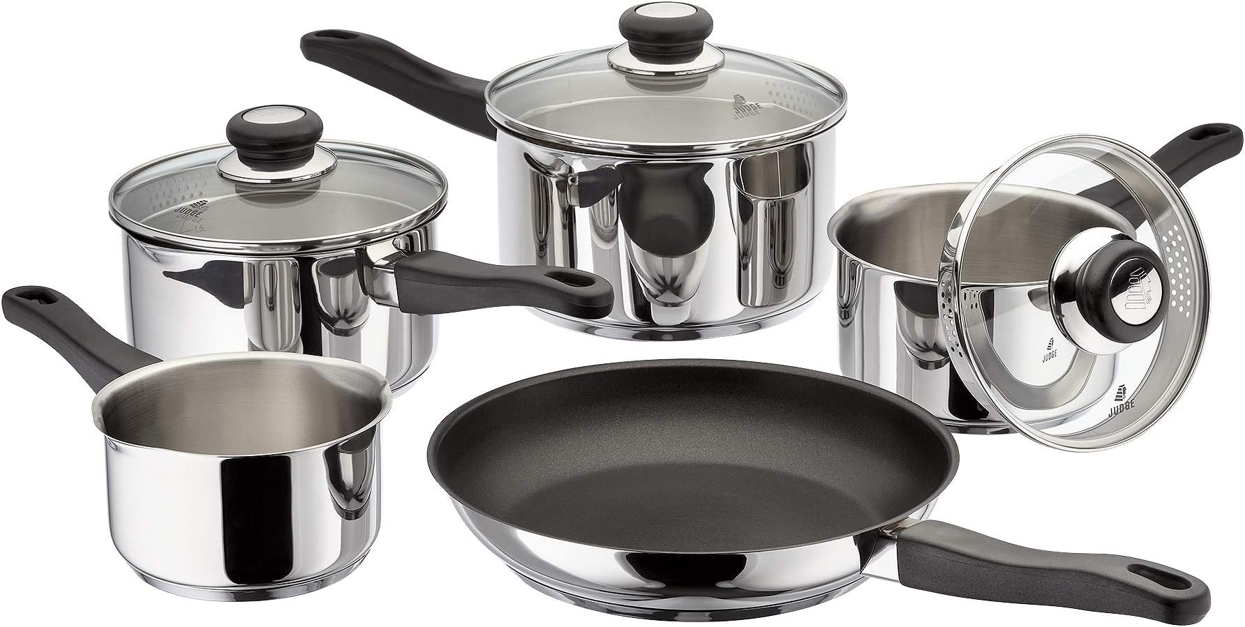 Judge Vista J3C2 5 Piece Saucepan Set with Draining Lids, Induction