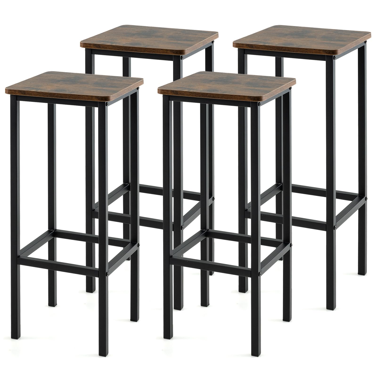 COSTWAY Industrial Bar Stools Set of 4, 28" Backless Square Breakfast Bar Chairs with Metal Frame and Footrest, Counter Height Stools for Kitchen