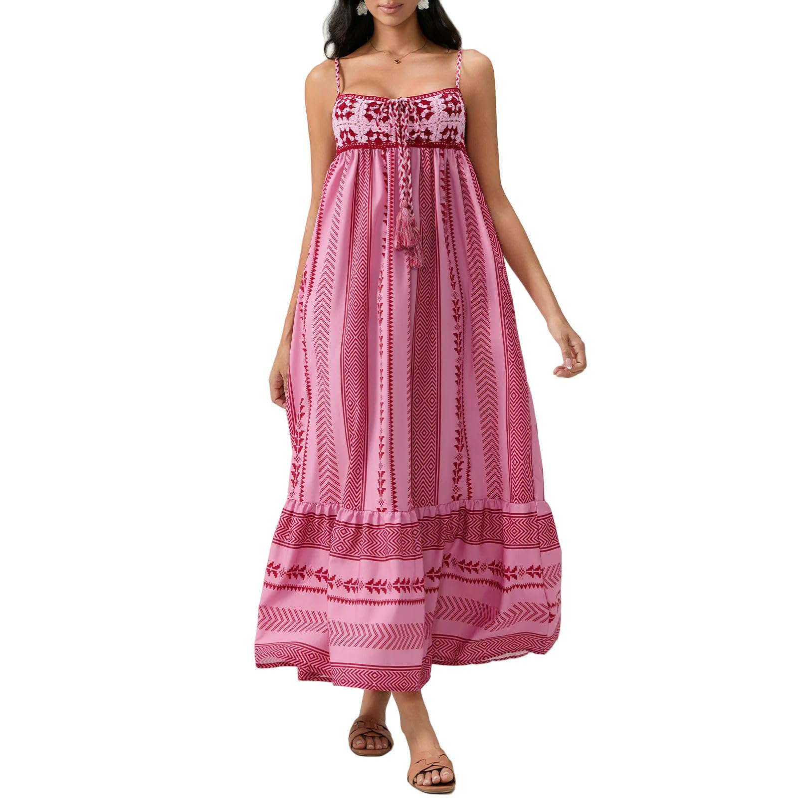 Abito Donna Invernale Summer Women Senza Maniche Flowy Vaccation Party Eleganti Nappe all'Uncinetto di Stampa Geometrica-Rosa-l