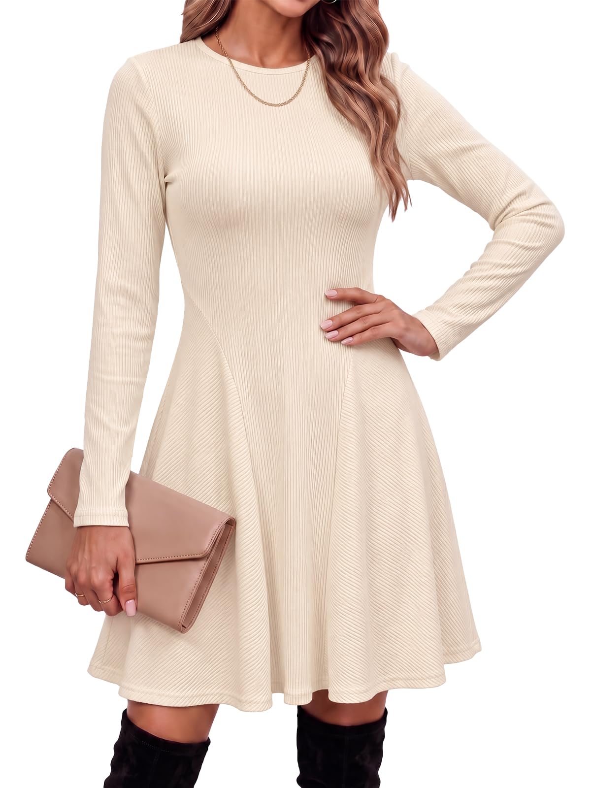 Saodimallsu Damen A-Linie Strickkleid Langarm Pulloverkleid | Gerippte Herbstkleid Rundhals,Winterkleid für Damen,Strickpullover Kleid