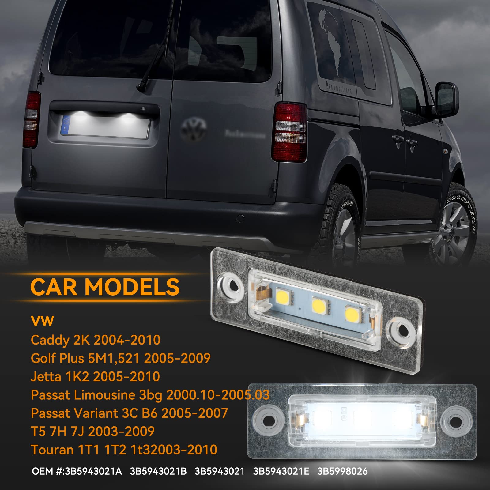 Luci Targa a LED per V-W Caddy 2K Golf Plus 5M1 Jetta 1K2 Passat Limousine 3bg Passat Variant 3C B6 T5 7H 7J Touran 1T1 1T2 1T3, Lampada Targa a LED,2 Pezzi 3 * 5050SMD Canbus