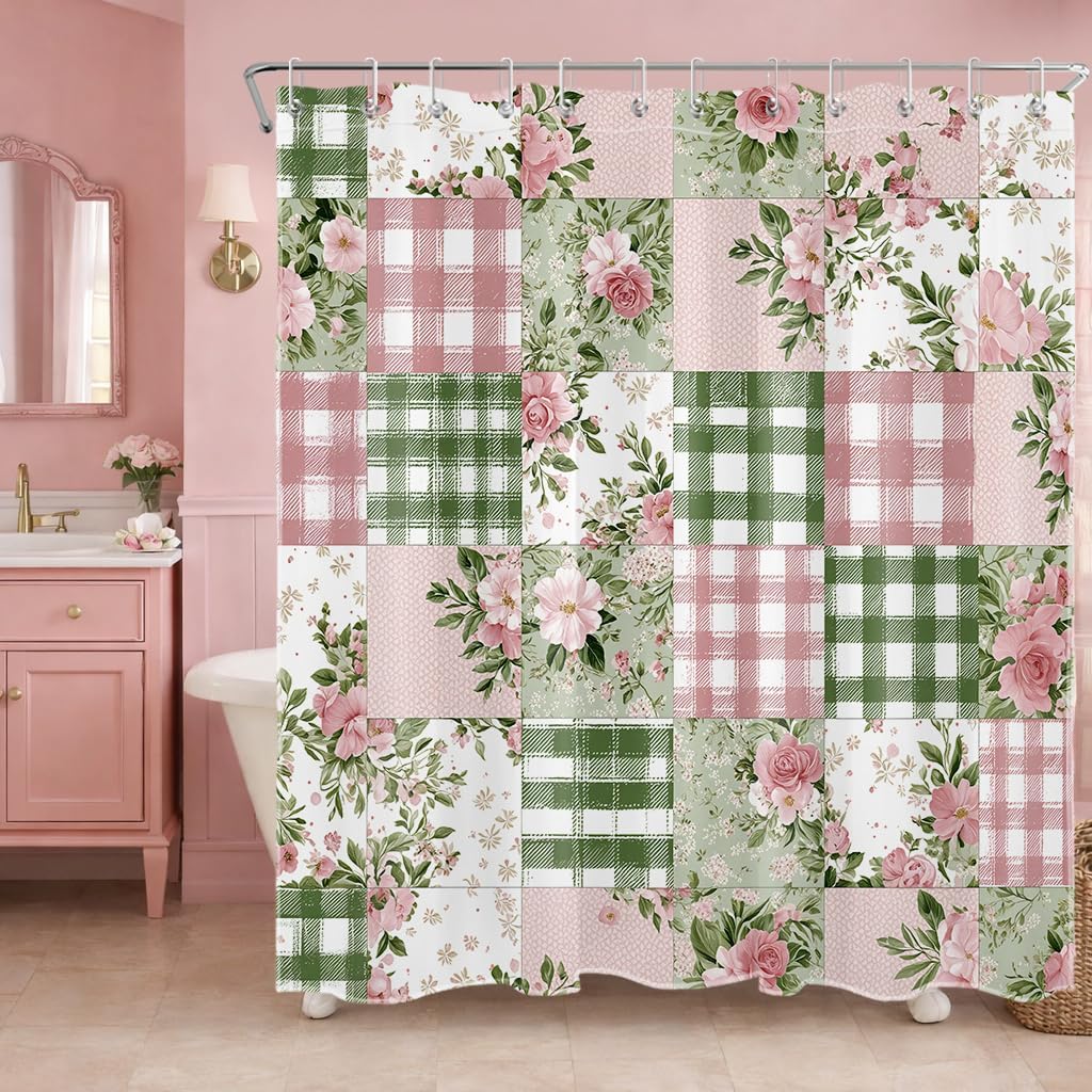 Boho Vintage Floral Shower Curtain Pink and Green Flower Plaid Patchwork Design Polyester Fabric Farmhouse Cottage Decor Bathroom Curtains, 72W X 78L inches