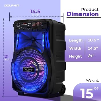 Dolphin 12-Inch Rechargeable Bluetooth Party Speaker High Power Sound, TWS Compatibility, LED Lights, 5-Band Equalizer, Portable Design with Trolley and Wheels
