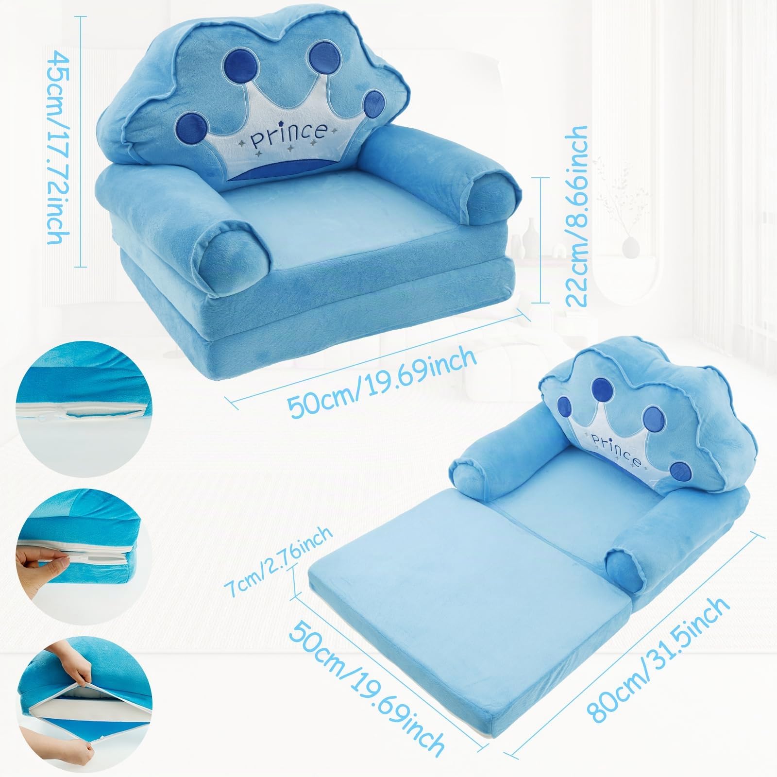Canapé pour Enfants, Chaise pour Petits Enfants 2-en-1 avec Poignée, 80×50 cm, Fauteuil de Salon Pliable pour Bébé, Canapé de Jeu Transformable en Chaise Longue pour Filles et Garçons de 1 à 4 Ans