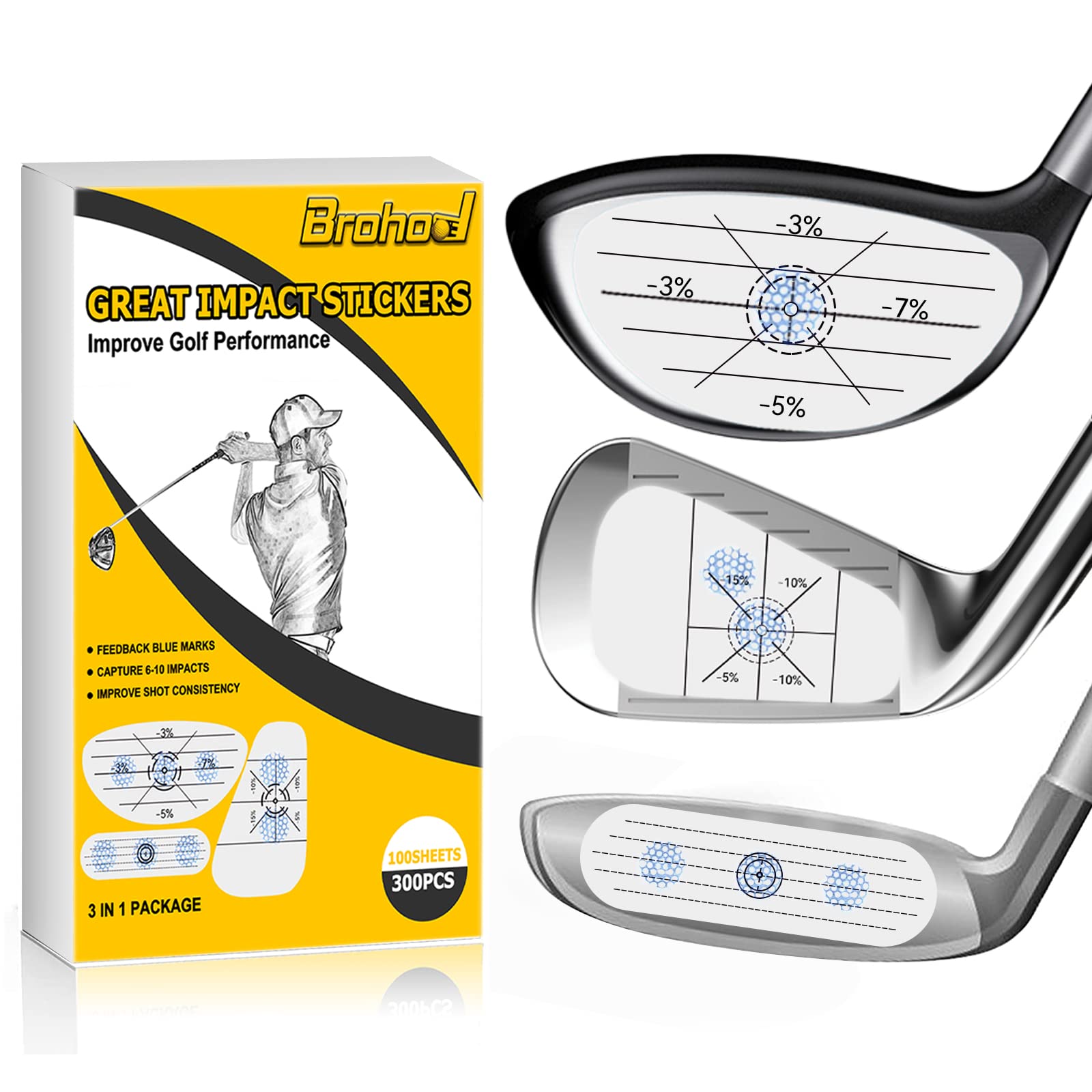 Golf Impact Tape 300 Pcs, Self-Teaching Sweet Spot and Consistency Analysis, Golf Stickers for Woods Irons & Putters Each 100 Pcs Impact Tape for Golf Clubs Aids to Improve Golf Swing Accuracy