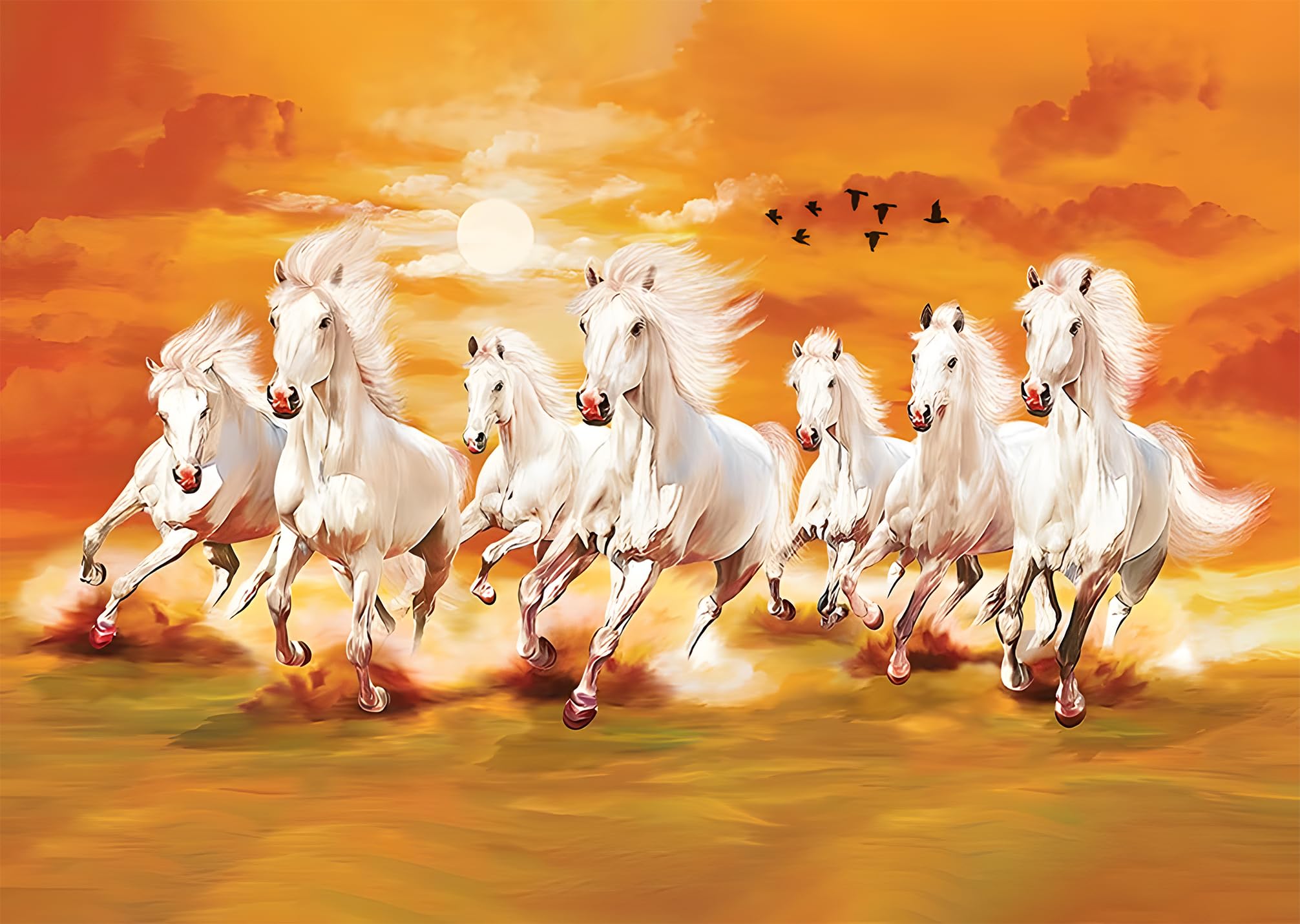 7 Horses Wall Sticker | Vastu Poster With Sunrise | Big Size Running Horses Decor for Living Room Decoration