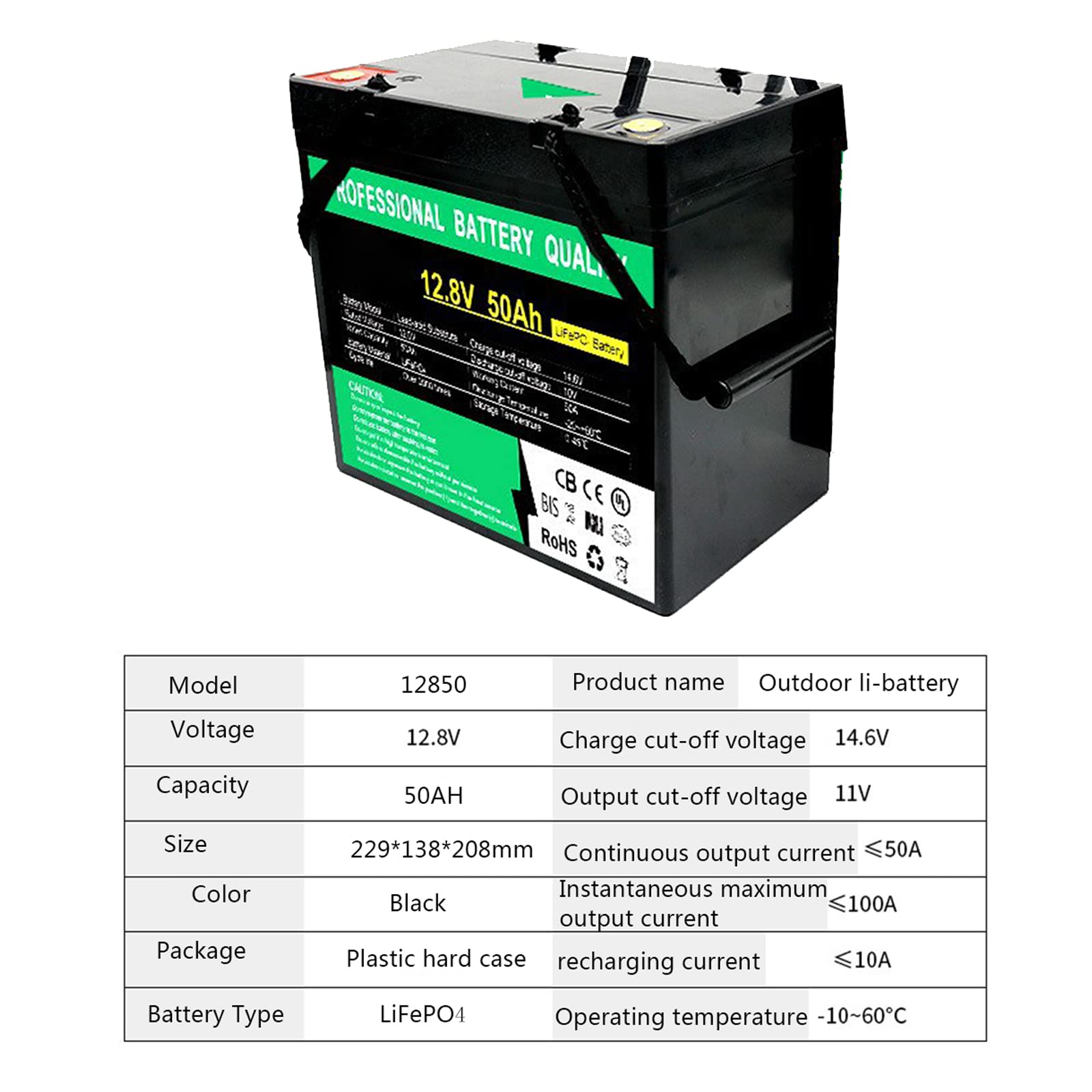 Batteria al Litio Ricaricabile a Ciclo Profondo 12V 100AH LiFePO₄ 12V 100AH per Applicazione off-Grid di Alimentazione di Backup Solare per Camper,