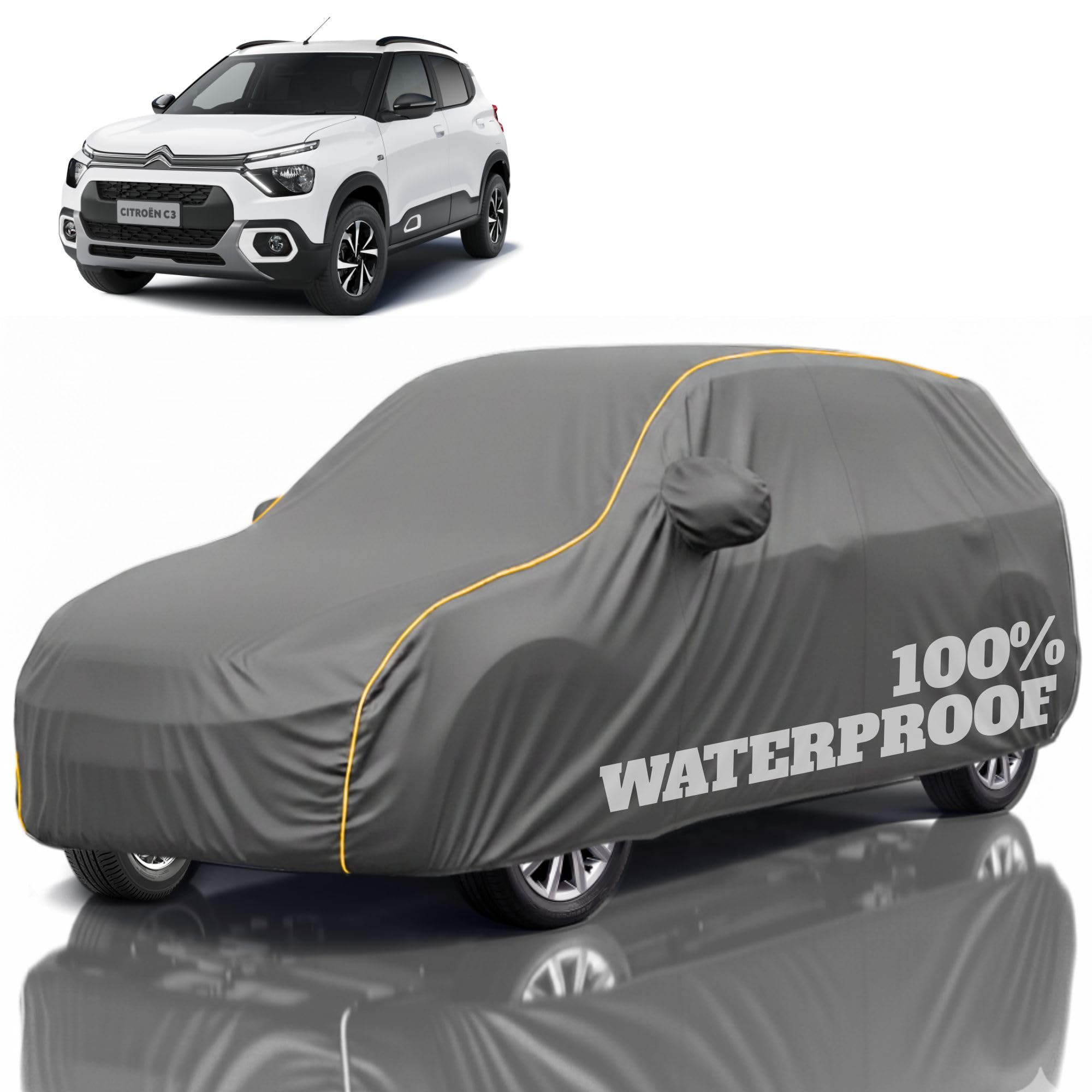 Premium Polyester Car Cover Citron c3 All-Weather Protection from Rain, Dust &amp; Sun | UV Resistant Fabric | Full Body Secure Fit for Outdoor &amp; Indoor Parking Grey