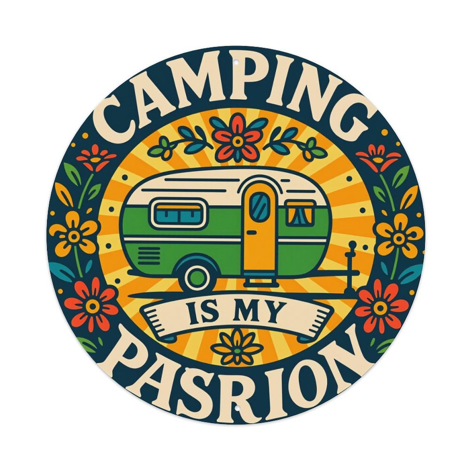 Camping Trailer Floral Sunburst Design Round Tin Sign Vintage Metal Poster Retro Bar, Home, Man Cave, Kitchen, Laundry Room Wall Art Decor Gift 8x8Inch