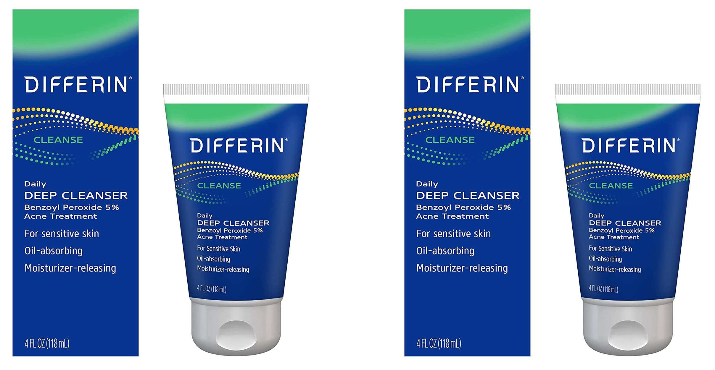 Differin Acne Face Wash with 5% Benzoyl Peroxide, Daily Deep Cleanser by the makers of Differin Gel, Gentle Skin Care for Acne Prone Sensitive Skin, 4 oz (Packaging May Vary) (Pack of 2)