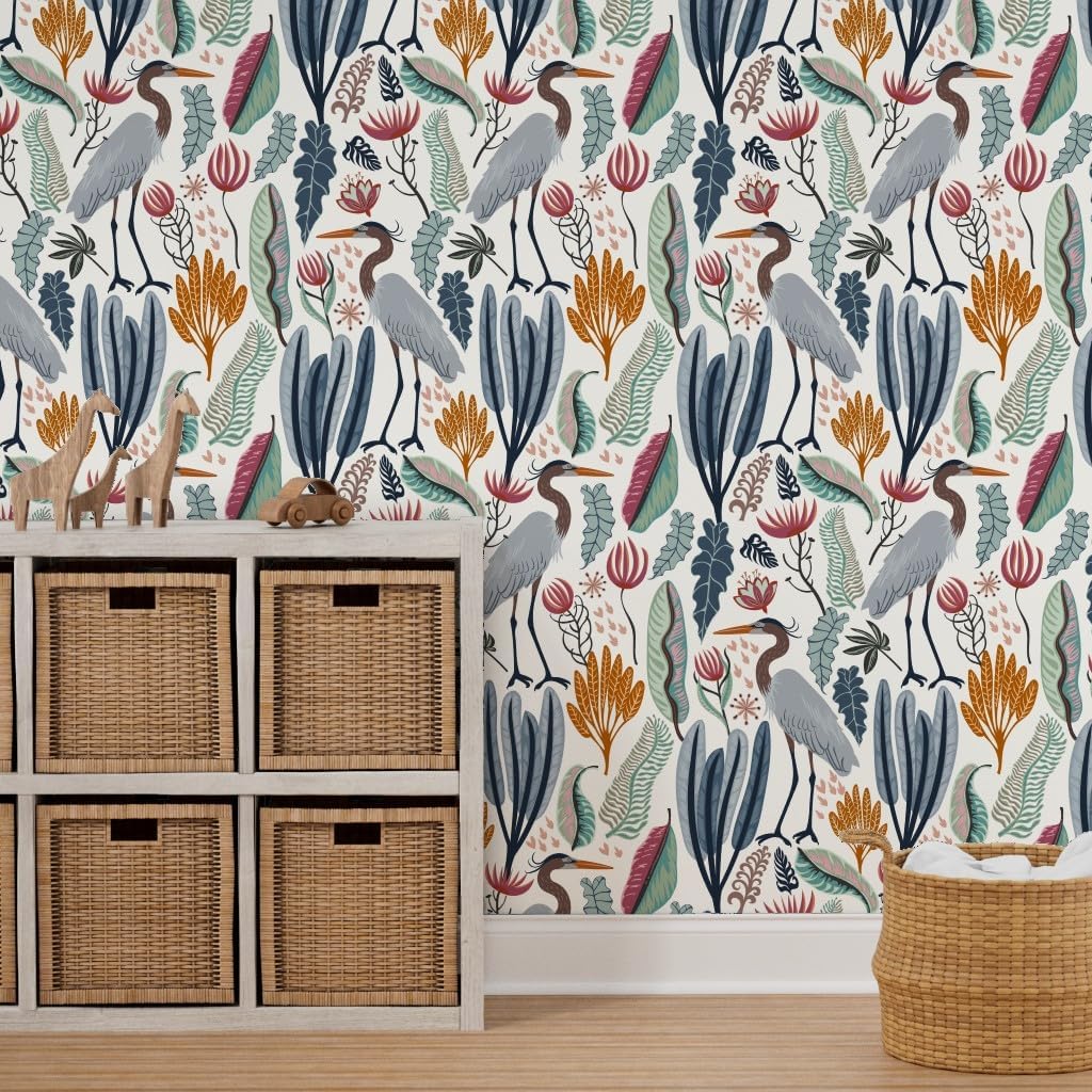 Removable Wallpaper 9ft x 2ft - Heron Botanical Large Scale Cranes Marshland Habitat Custom Pre-Pasted Wallpaper by Spoonflower