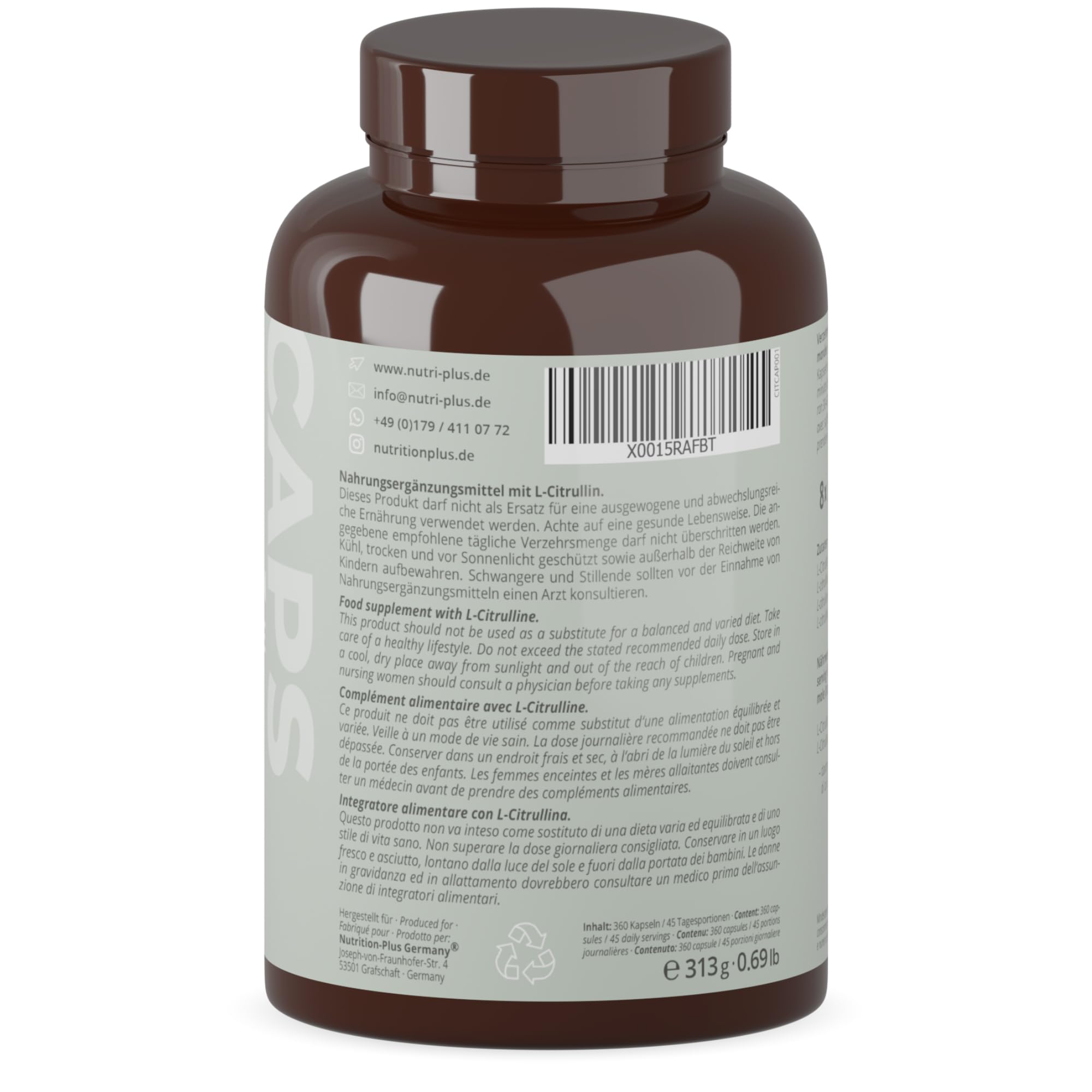 Nutri + Citrulline gelule 6000-360 Capsules vegan + hautement dosé - L-Citrulline malate gelules DL 2.1 végétalien - Qualité Premium sans additifs