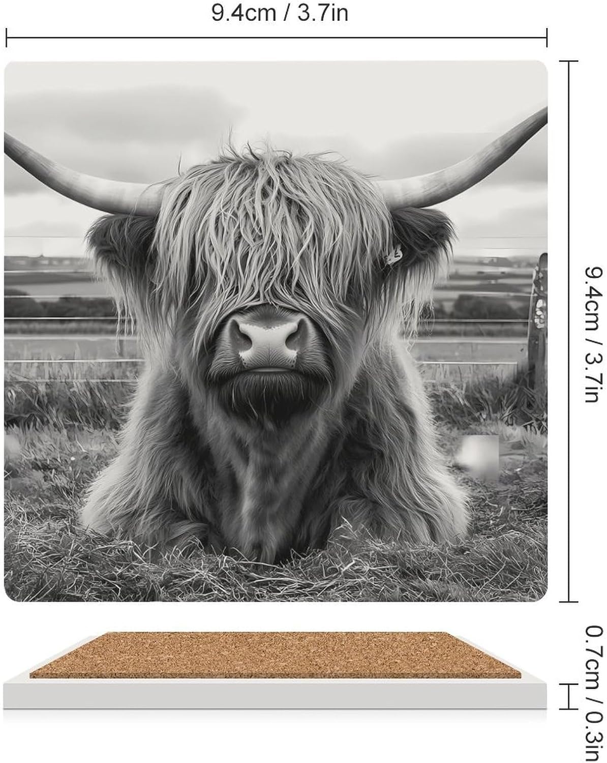Black and White Highland Cow Funny Ceramic Coasters for Drink Absorbent Cup Holders Tabletop Protection
