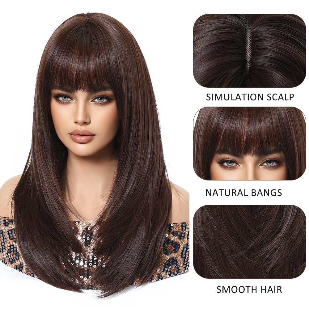 Esmee Long Straight Coffee Brown Wigs for Women with Fringe Natural Synthetic Hair Ombre Wig for Daily & Party Use - Image 3