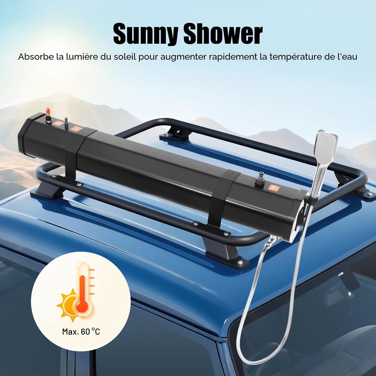 Douche d'extérieur de voiture avec réservoir de douche solaire de 30 l et pompe à pression (1,6 bar) – Douche d'eau chaude mobile pour camping, surf, plage – Montage facile sur le toit pour