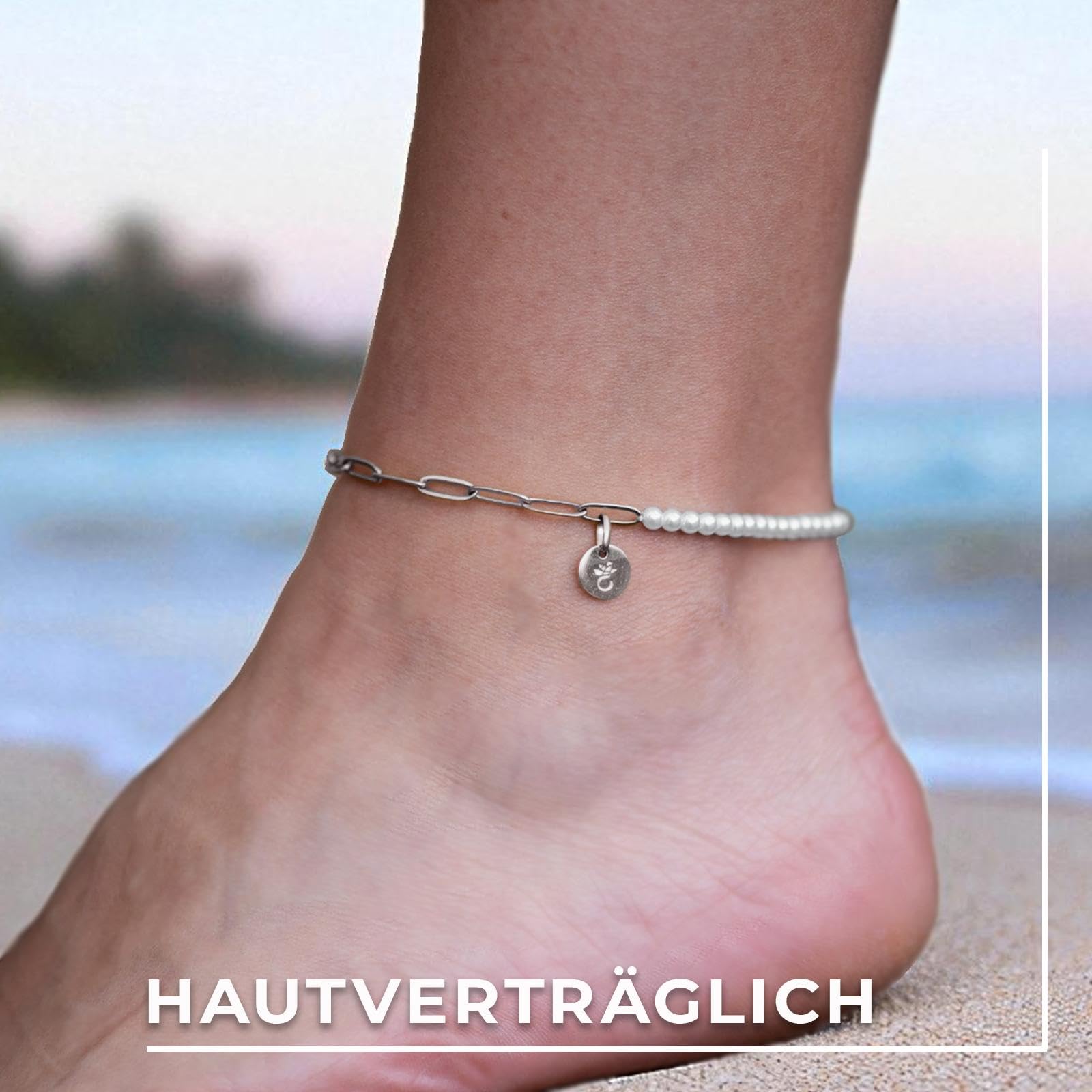 Amoonìc Fußkettchen für Damen aus Edelstahl mit Perlen Gold & Silber - Wasserfest & Verstellbar Zierliche Fußkette Sommer Schmuck Hautverträglich & Nickelfrei Fussketten für Frauen Geschenk Gravur