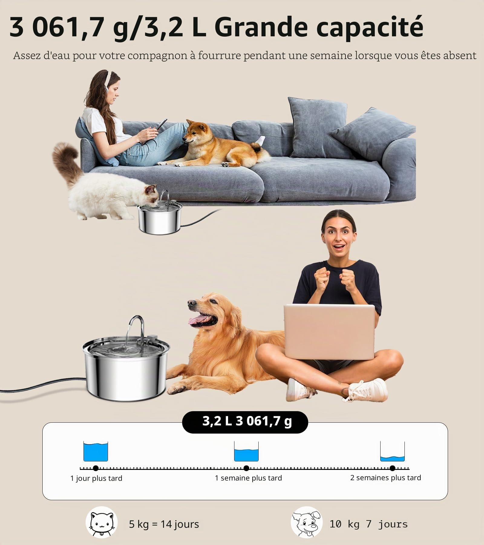 TOMXCUTE Fontaine à Eau pour Chat 3,2 L INOX avec Robinet Silencieux | Filtration efficace pour une eau propre et fraîche, idéale pour chats et petits chiens au quotidien
