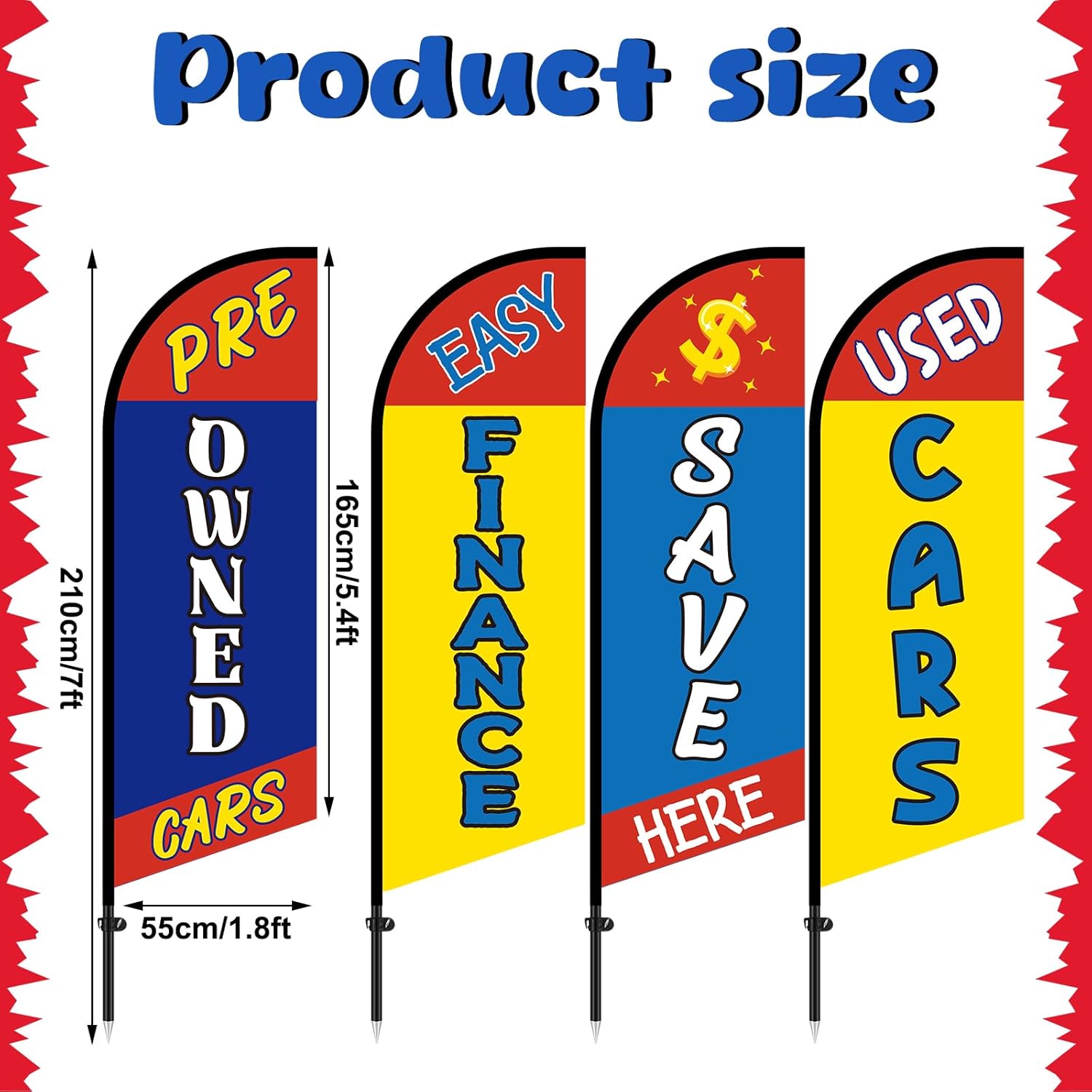 4 Pack 7 ft Used Cars Flags - Used Cars Dealer Flags with Pole Kit Outside Windless Advertising Feather Banners for Business Finance Save Pre-owned Dealership Supplies
