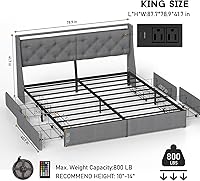Vista 2 de Base de cama tamaño King con luces LED y estación de carga, plataforma tapizada con cabecera de almacenamiento y 4 cajones, soporte de listones