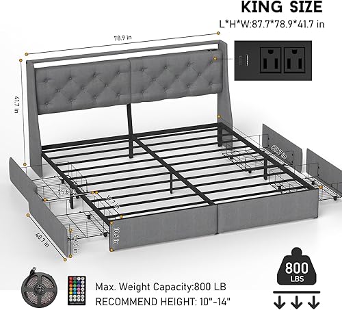 Miniatura 2 de Base de cama tamaño King con luces LED y estación de carga, plataforma tapizada con cabecera de almacenamiento y 4 cajones, soporte de listones de