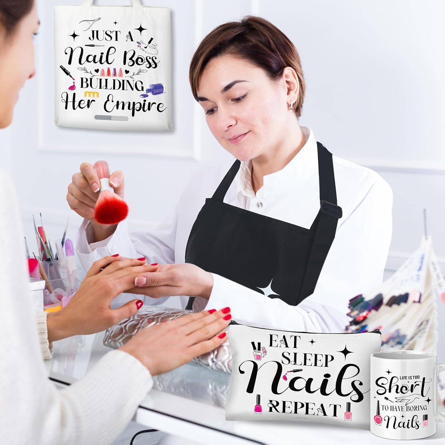 Potchen 6 Pcs Nail Technician Gift Set Include Waterproof Oil Proof Apron Mug Keychain Canvas Tote Bag Cosmetic Bag Socks for Women Nail Tech Must Haves Manicurist Art Lover Gift