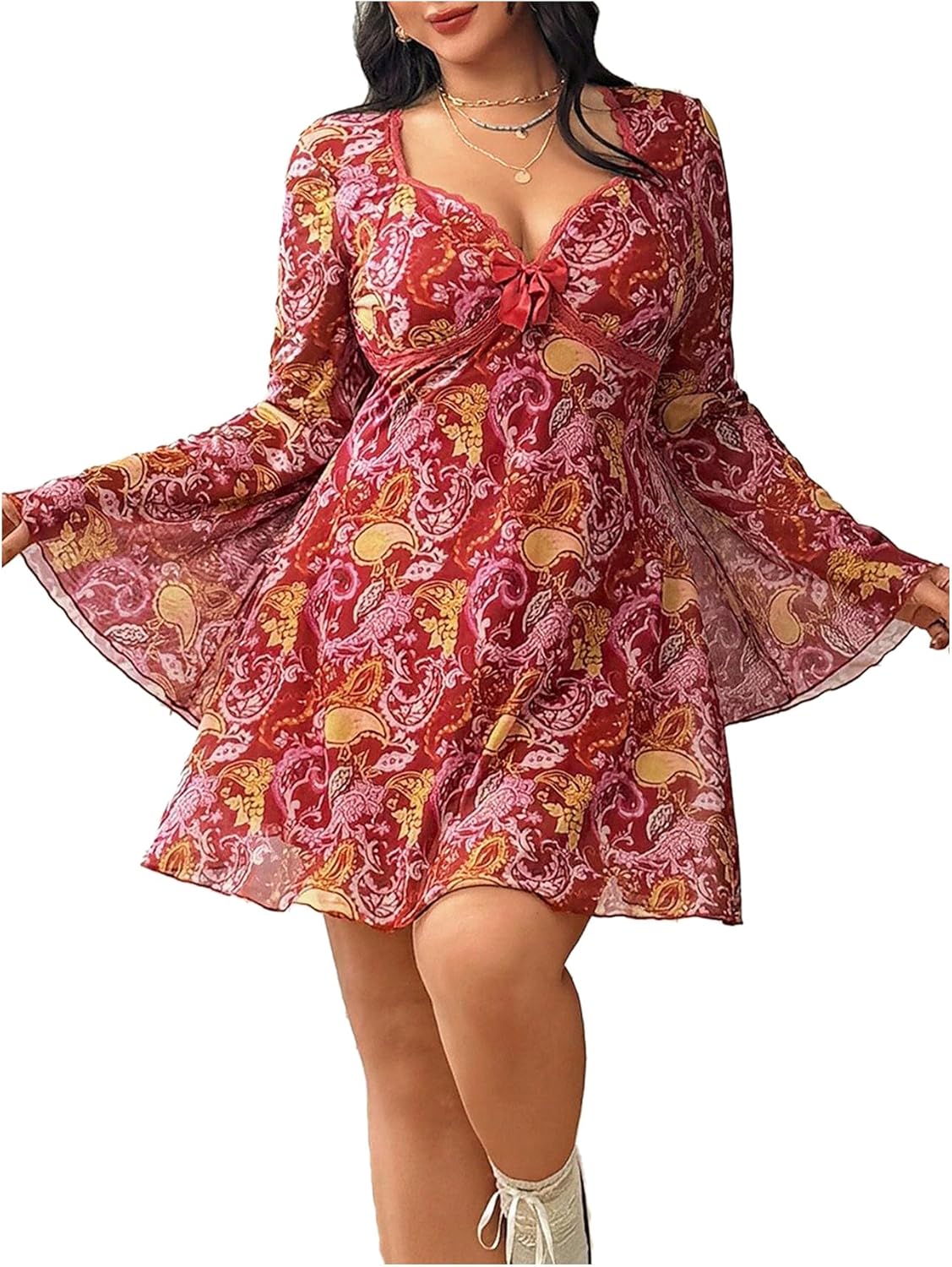 BEAUDRM Women's Y2k Plus Size Hippie Vintage Boho Dress Leopard Bell Long Sleeve V Neck Bow Mesh Goth Mini Dresses