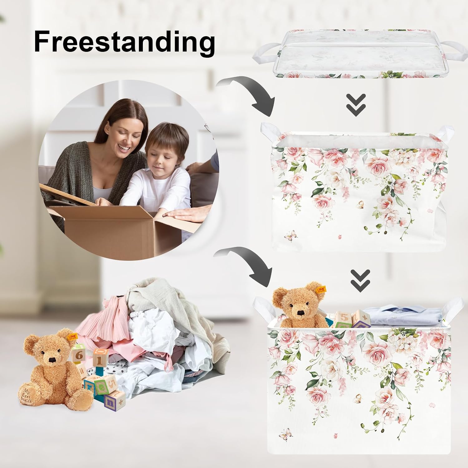 Clastyle Flower Girl Book Storage Basket Spring Summer Floral Women Clothes Organizer Bin Parents Gift Toy Box for Bedroom Shower, Pink Rose, 40x30x30 cm