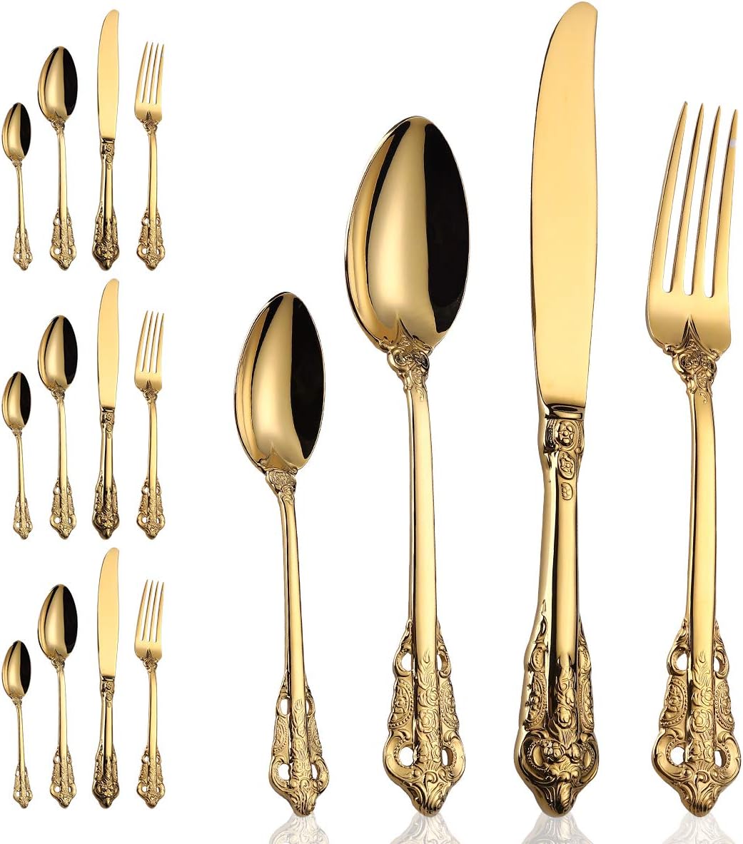 16-Piece Gold Flatware Silverware Set,Heavy Duty Stainless Steel Flatware Service for 4,Cutlery Include Knife/Fork/Spoon/Coffee Spoon,Mirror Polished, Dishwasher Safety
