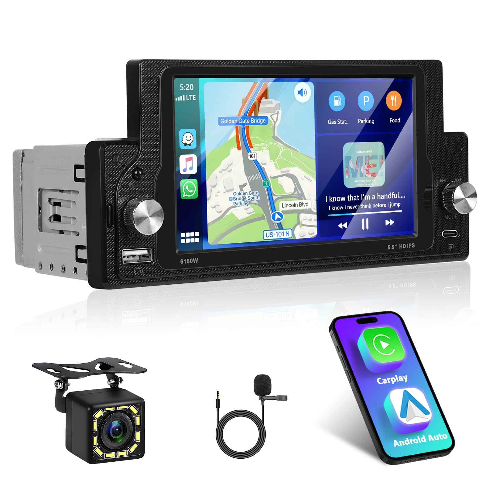 1 Din Bluetooth Autoradio con Wireless Carplay Android Auto, 5,9 Pollici 2.5D IPS Touchscreen Radio Auto con Schermo, Stereo Auto Supporto MirrorLink/FM/EQ/USB/Type-C/SWC + Telecamera