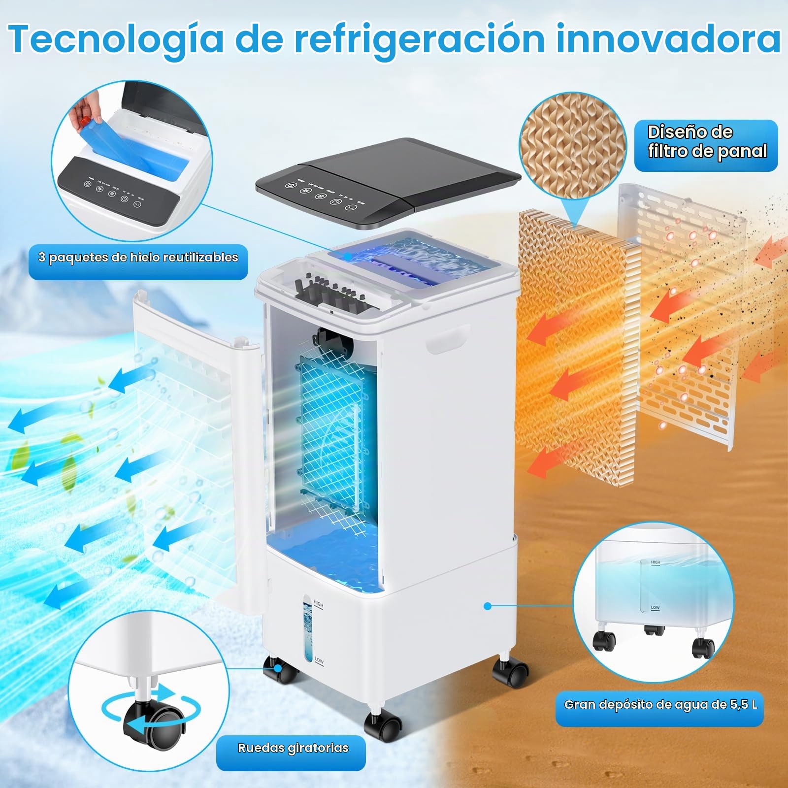 Enfriador de Aire 4 en 1 Grande, Aire Acondicionado Móvil portátil, Climatizador Evaporativo Silencioso con 5.5 L Tanque,Temporizador 1-7 H, 2 Modos 3 Velocidades, Ruedas, Control Remoto, Oscilación