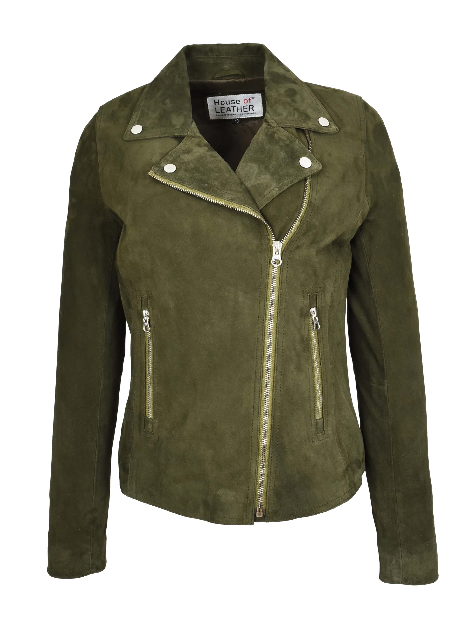 House Of Leather Women's Genuine Goat Suede Biker Jacket Lola, Classic Moto Style (UK, Numeric, 20, Regular, Regular, Olive Green)
