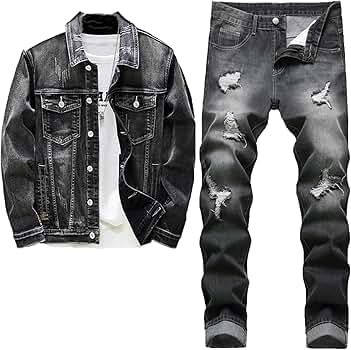 NOIR ET BLANC BLACK DENIM JACKET＆PANTS Black Jacket Jeans Two Piece Set for Men Casual Loose Denim Coat