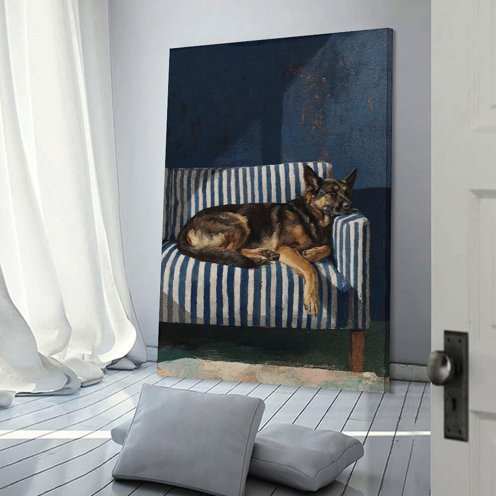 Junmoney Sleeping German Shepherd on Striped Couch Canvas Art Print 24x36inch(60x90cm), for Work Areas, Reading Rooms Or Studios, Canvas Wall Decor for Creative Rooms