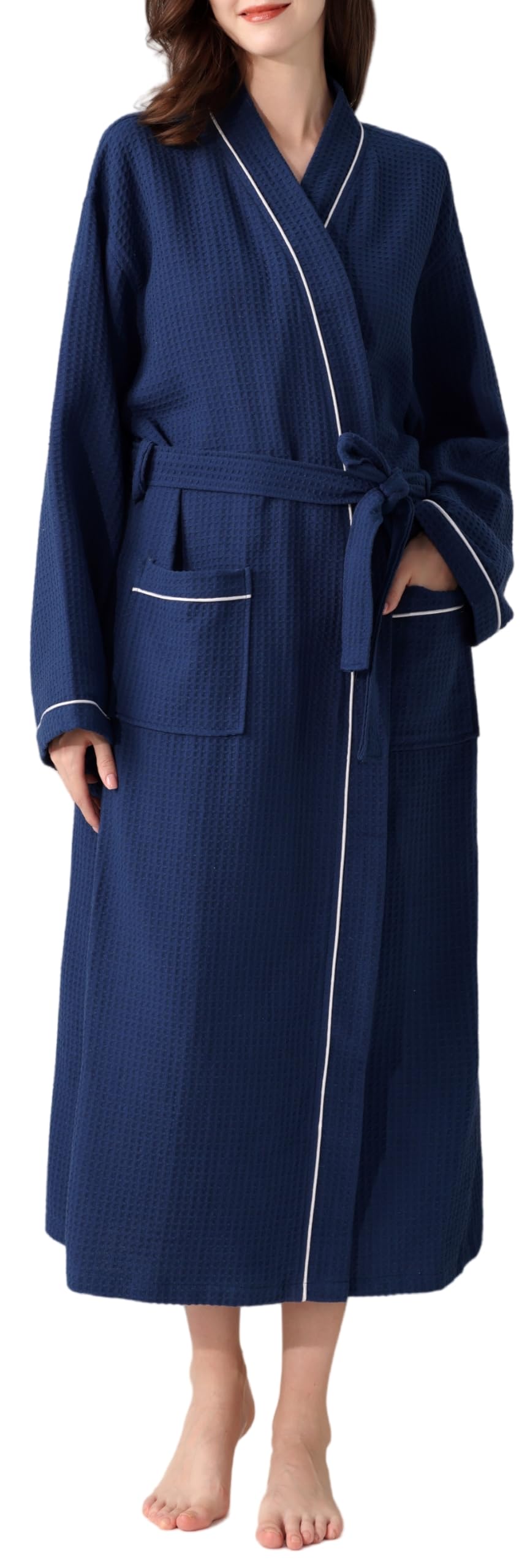 Bathrobe, 100% Cotton, Waffle Fabric, 3D Woven, Men's, Women's, Loungewear, Gown, Room Wear, Gentle Touch, Unisex, Hotel, After Bathing, Absorbent, Quick Drying, Thermal, Bath Supplies, Spring Medium navy