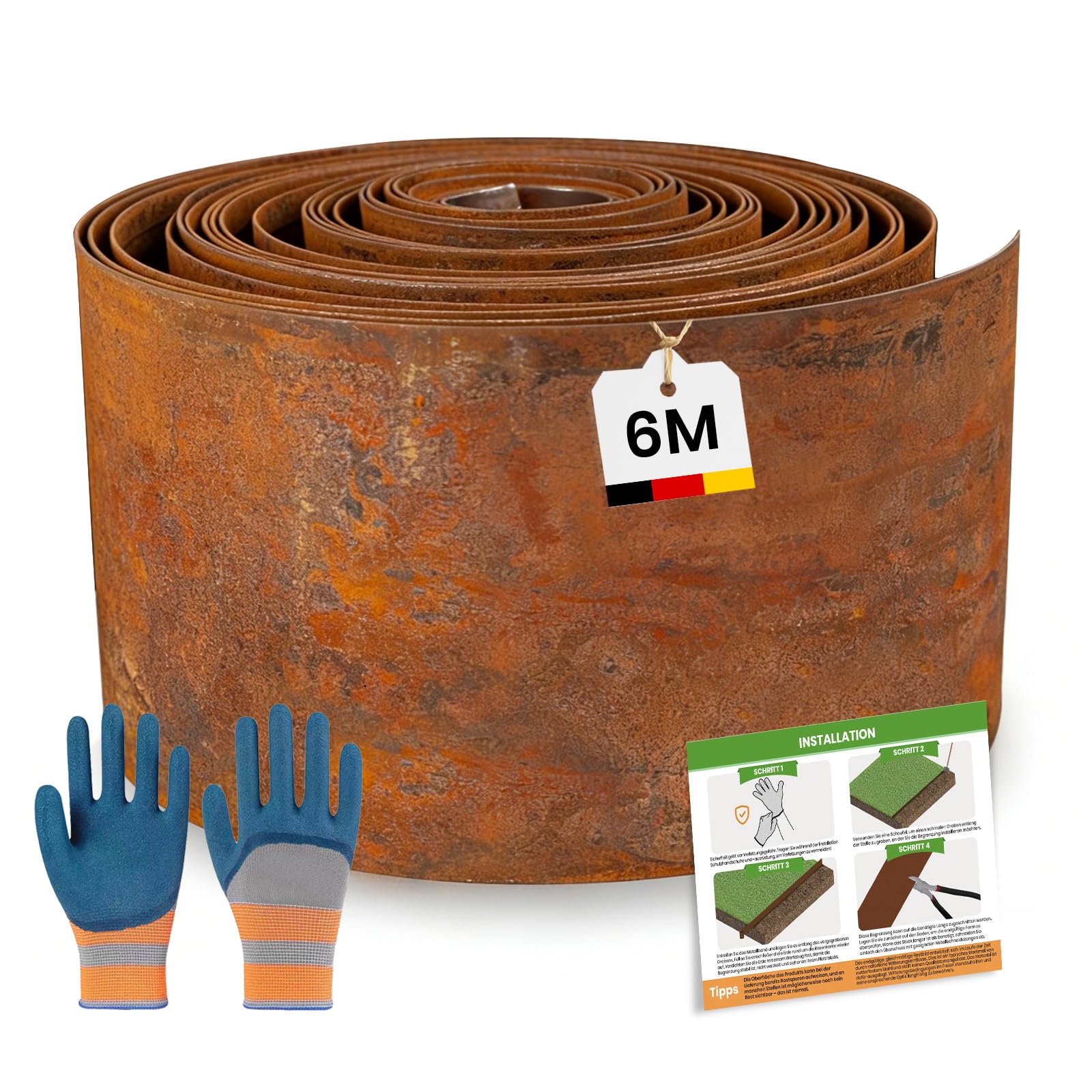 Bordura Acero Corten 12m x 14cm, Borduras Jardín Metálica, con Pátina de Óxido, Incluye 1 Par de Guantes, para Parterres de Flores y Caminos de Patio (Superficie Plana, 6M x 14CM)