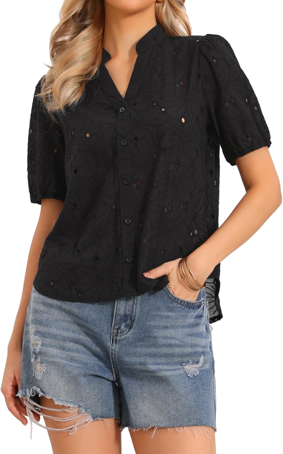 Allegra K Short Sleeve Summer Tops for Women Casual V Neck Hollow Out Eyelet Top Shirts