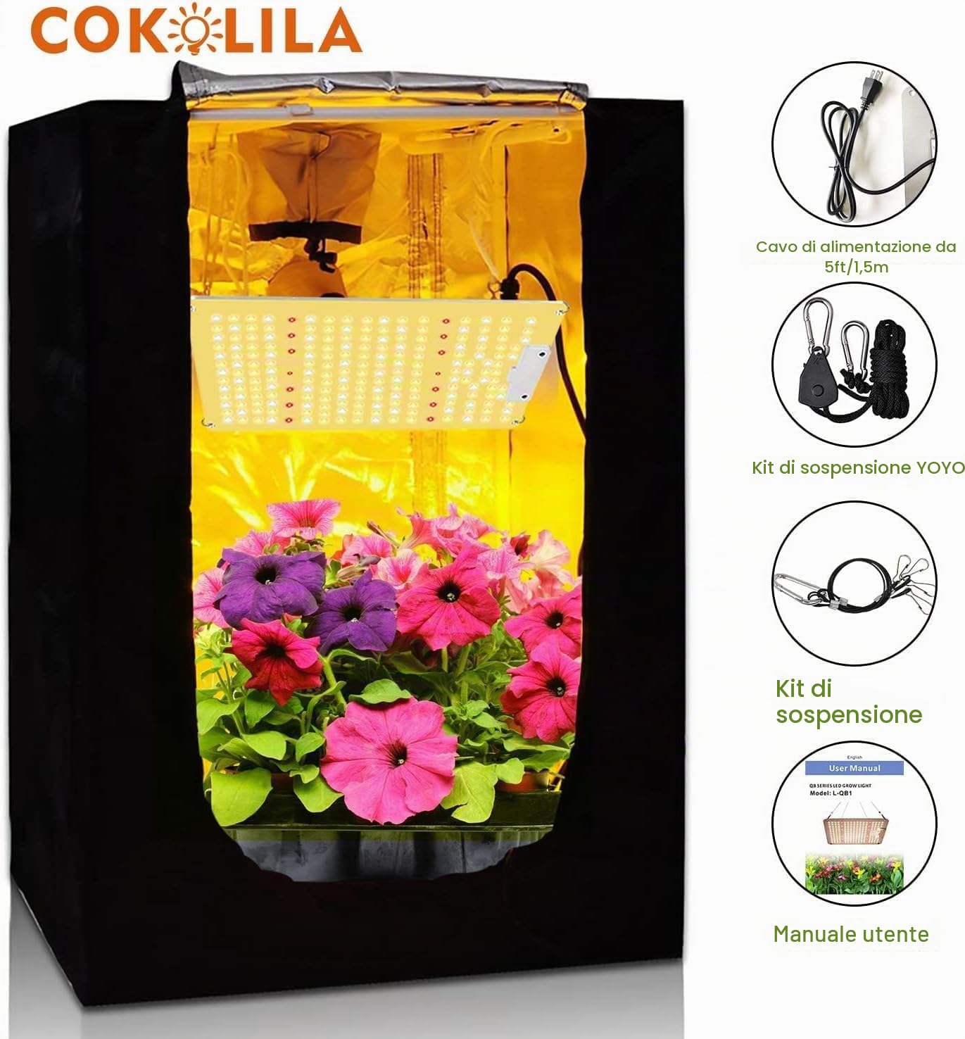 COKOLILA LZB1000 Lampada per Piante con Dimmere, Grow Light Full Spectrum 222 LED con IR per Interni, per Tutto il Ciclo di Vita (Semina, Crescita, Fioritura), Copertura 60x60cm