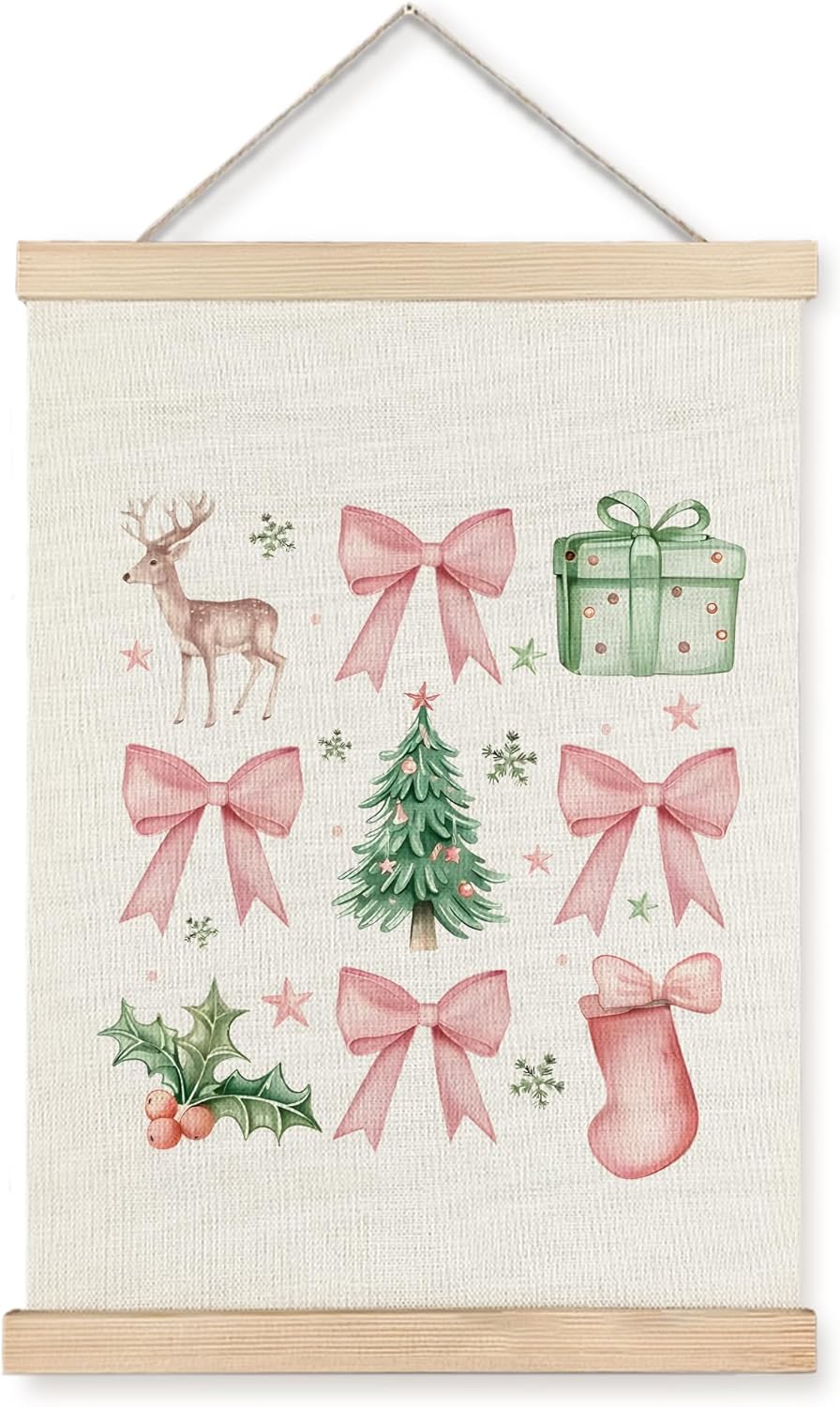 URLLUAE Pink Christmas Wall Decor, Coquette Christmas Pink Bow Wall Art with Wooden Poster Hanger, Christmas Wall Decorations, Coquette Wall Decor, Christmas Wall Decor for Home Office, 12x16 Inch Christmas items