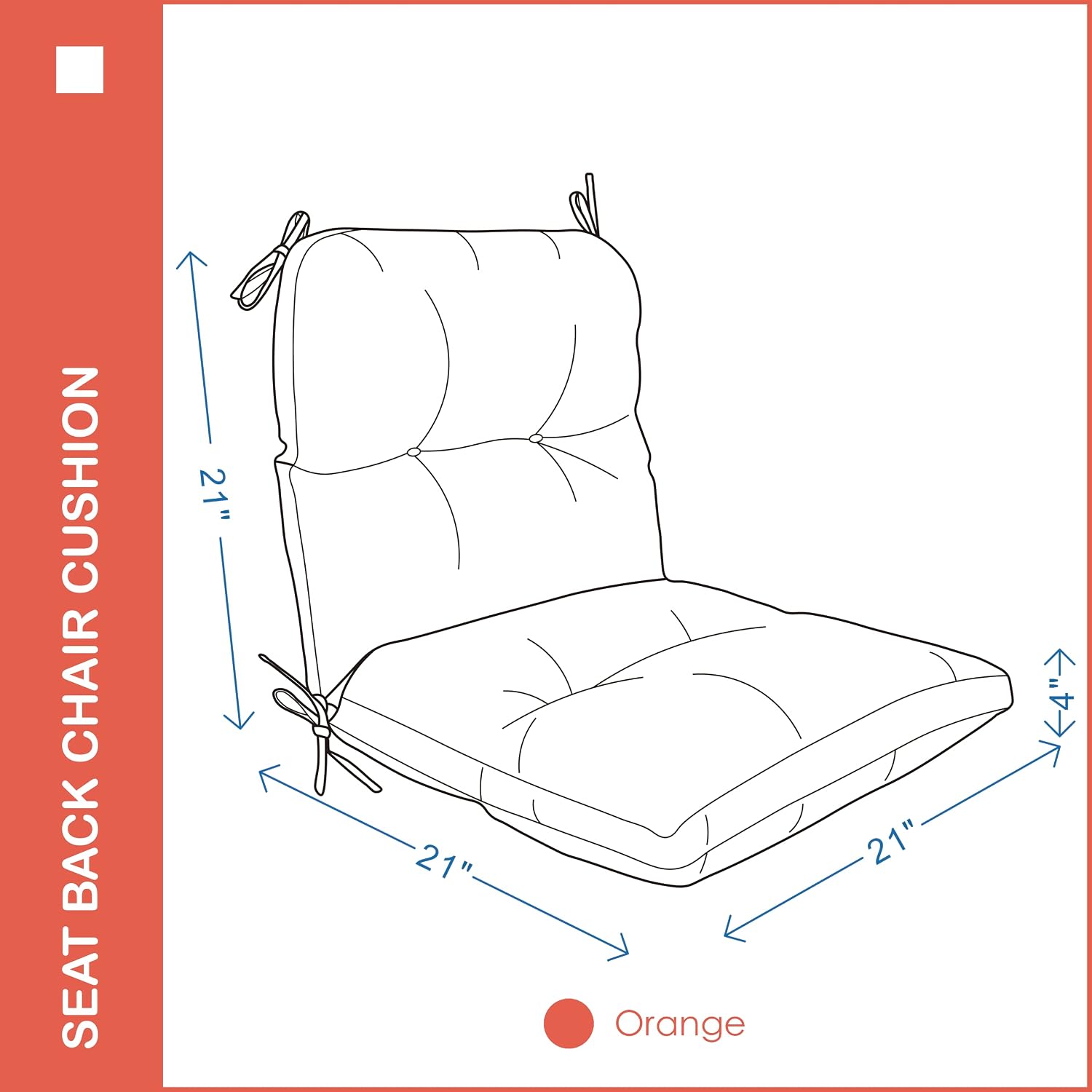 Outdoor Indoor Seat Back Chair Cushions Set of 4,Waterproof Tufted Lawn Dining Chair Cushions for Patio Furniture with Ties,42x21 Inch, Orange