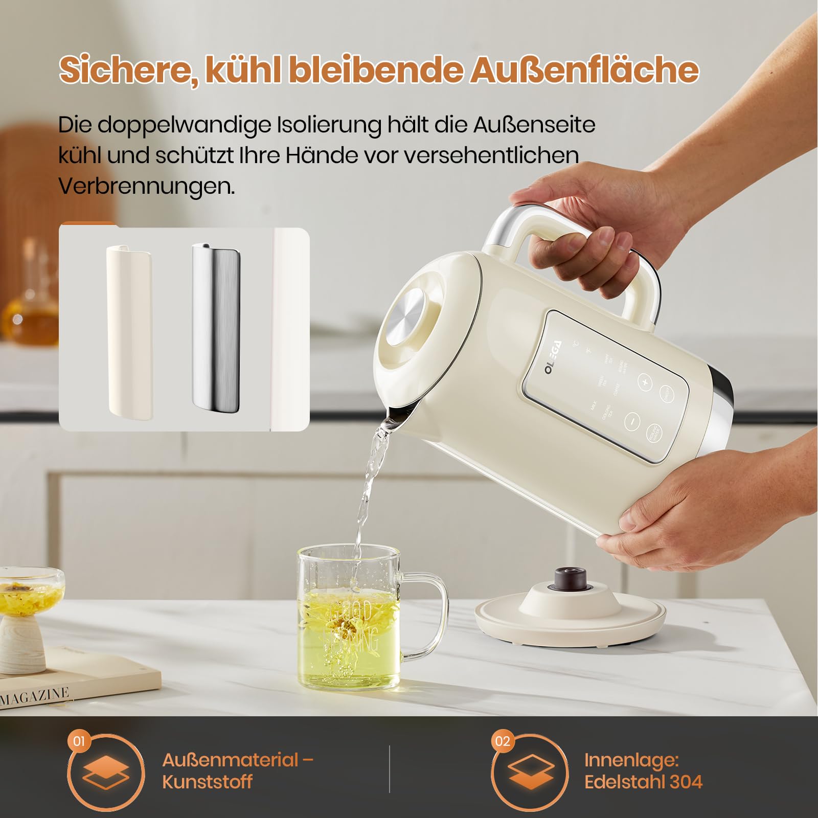OLEGA Wasserkocher: 1800 W Wasserkocher mit Temperaturregelung, 1,5 l Fassungsvermögen, Edelstahl, Smart Kettle, ideal für Kaffee und Tee, Beige