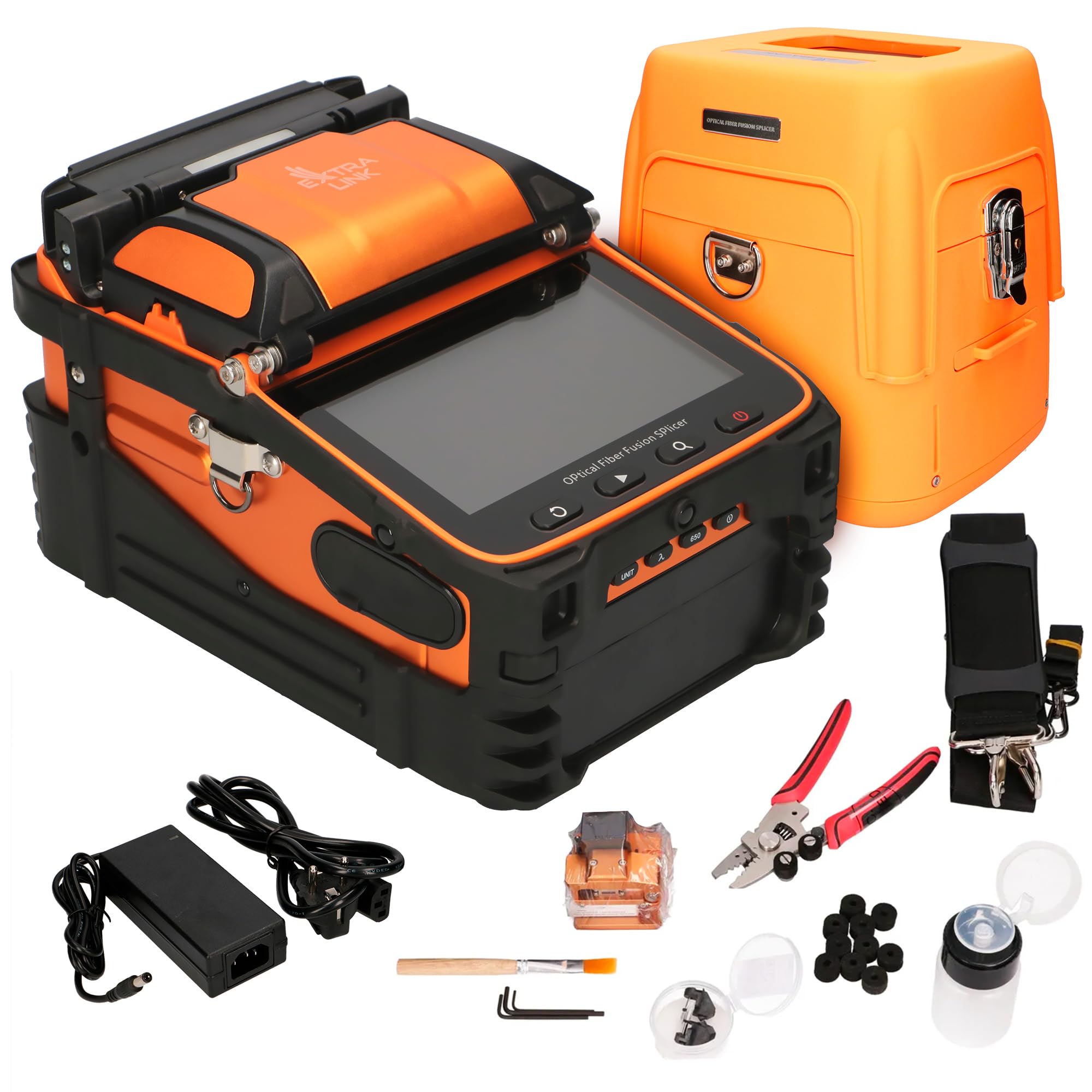 EXTRALINK Fusionadora de Fibra Óptica – Máquina de Fusión con 6 Motores, Batería 7800mAh, LCD 5,1" con Zoom 300x, App, Empalme 6s & Calentamiento 15s, Equipo Automático para FTTH, LAN – Kit Completo