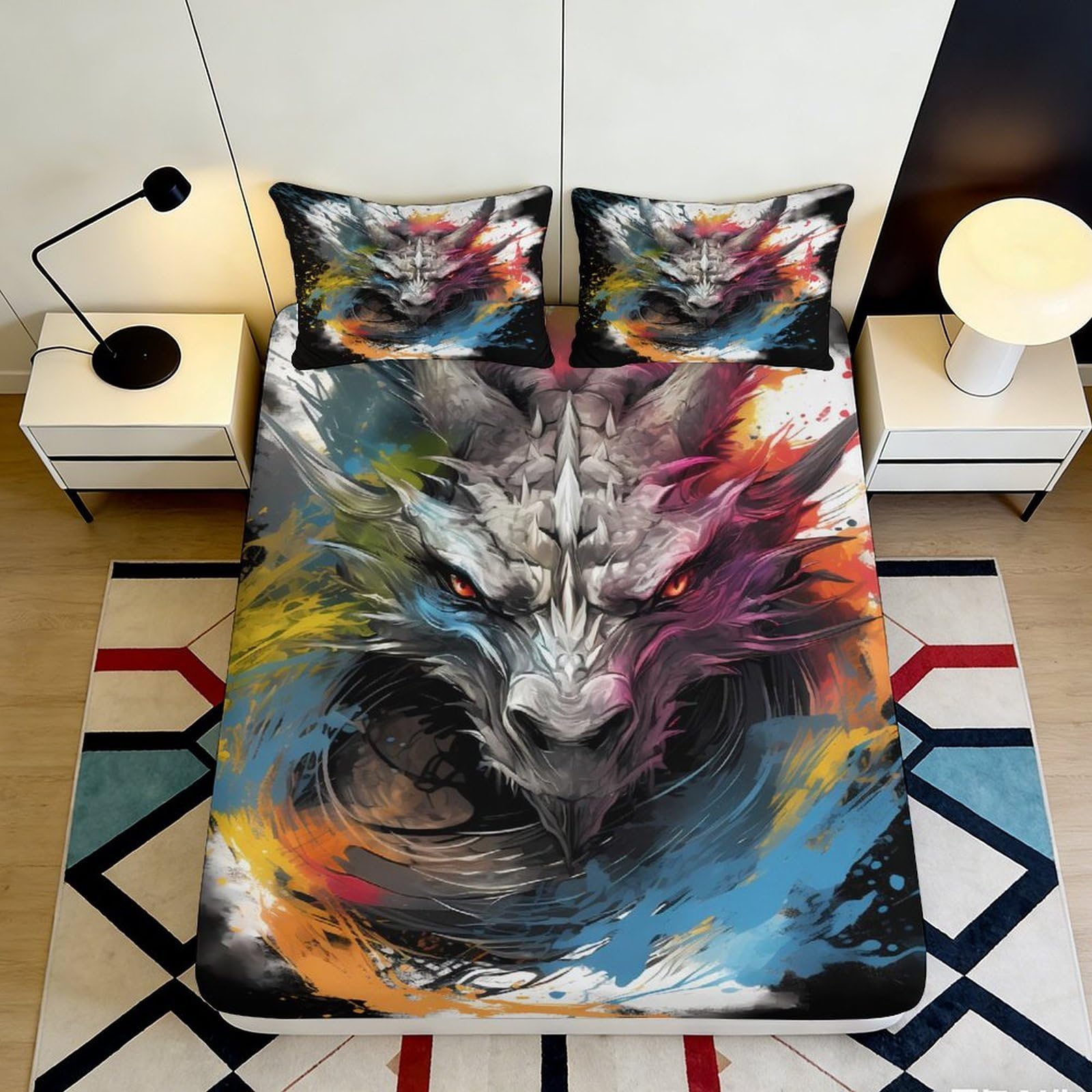 3D Printed Wolf Head Fitted Sheet Microfiber Colorful Art Bed Sheet for Bedroom Dorm Mattress Protection Decor 90x200x25cm