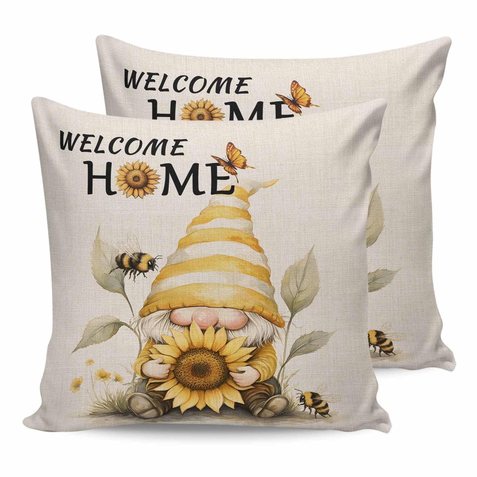 WovTrnquty Outdoor Pillow Covers Waterproof Pillow Cases Protector Welcome Home Vintage Dwarf Pillowcase Pack of 2 Yellow Sunflower Bee Gnome Throw