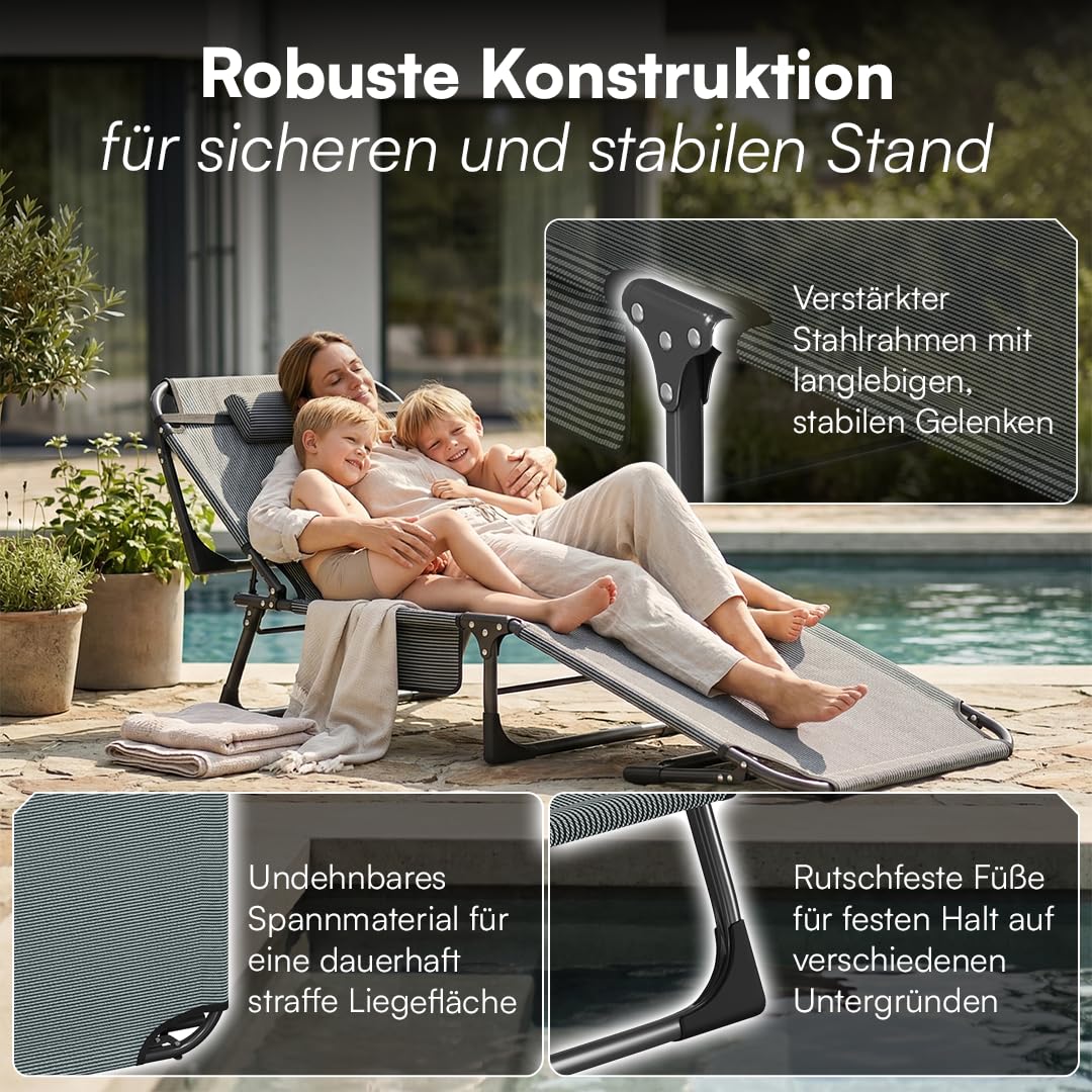 STEELSØN Nysaris Sonnenliege Klappbar – Strandliege in Grau/Schwarz – Outdoor Gartenliege wetterfest – Liegestuhl mit Polsterauflage – leichte Campingliege verstellbar mit Seitentasche – bis 180 kg